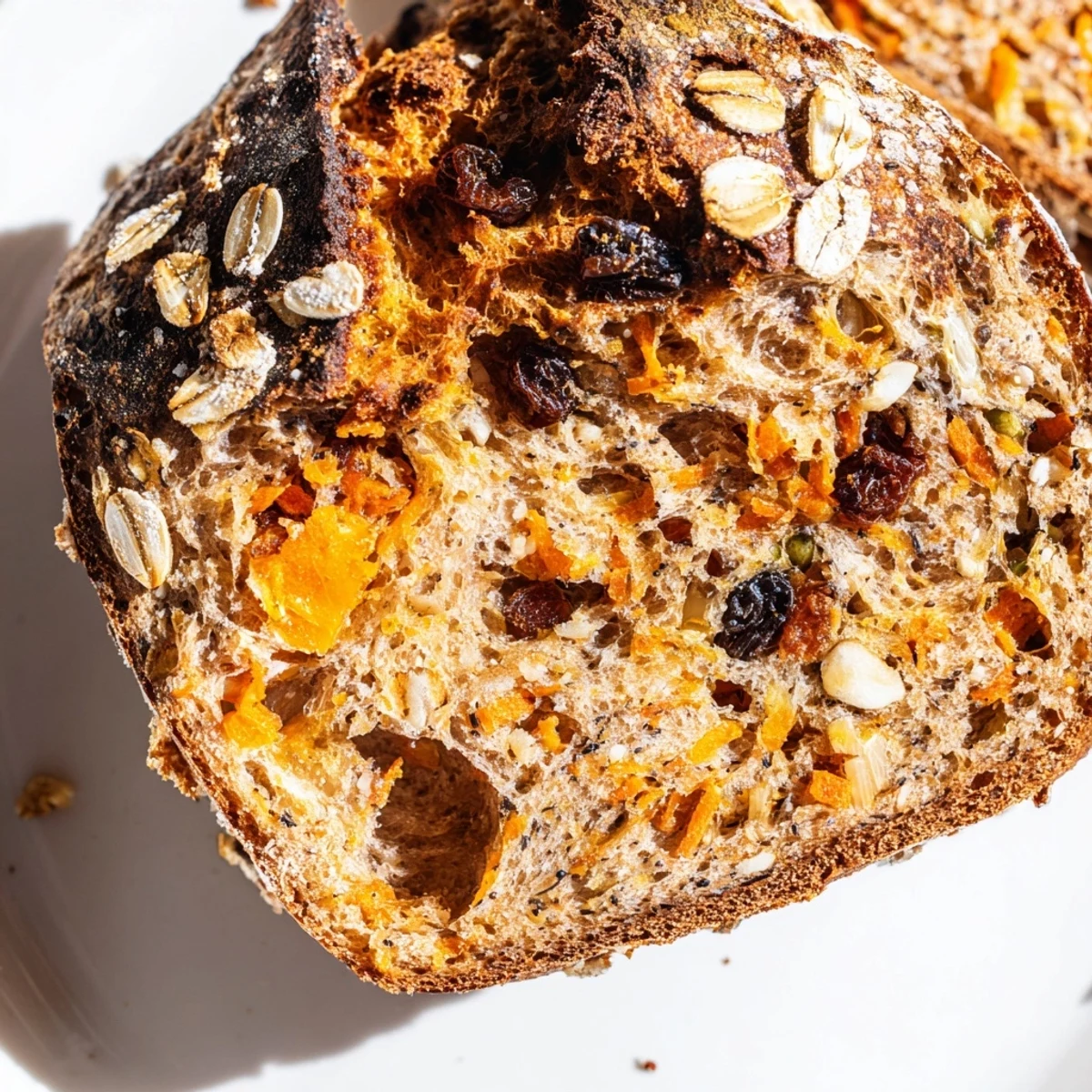 Rustic carrot cake sourdough boule topped with oats and seeds on wooden board