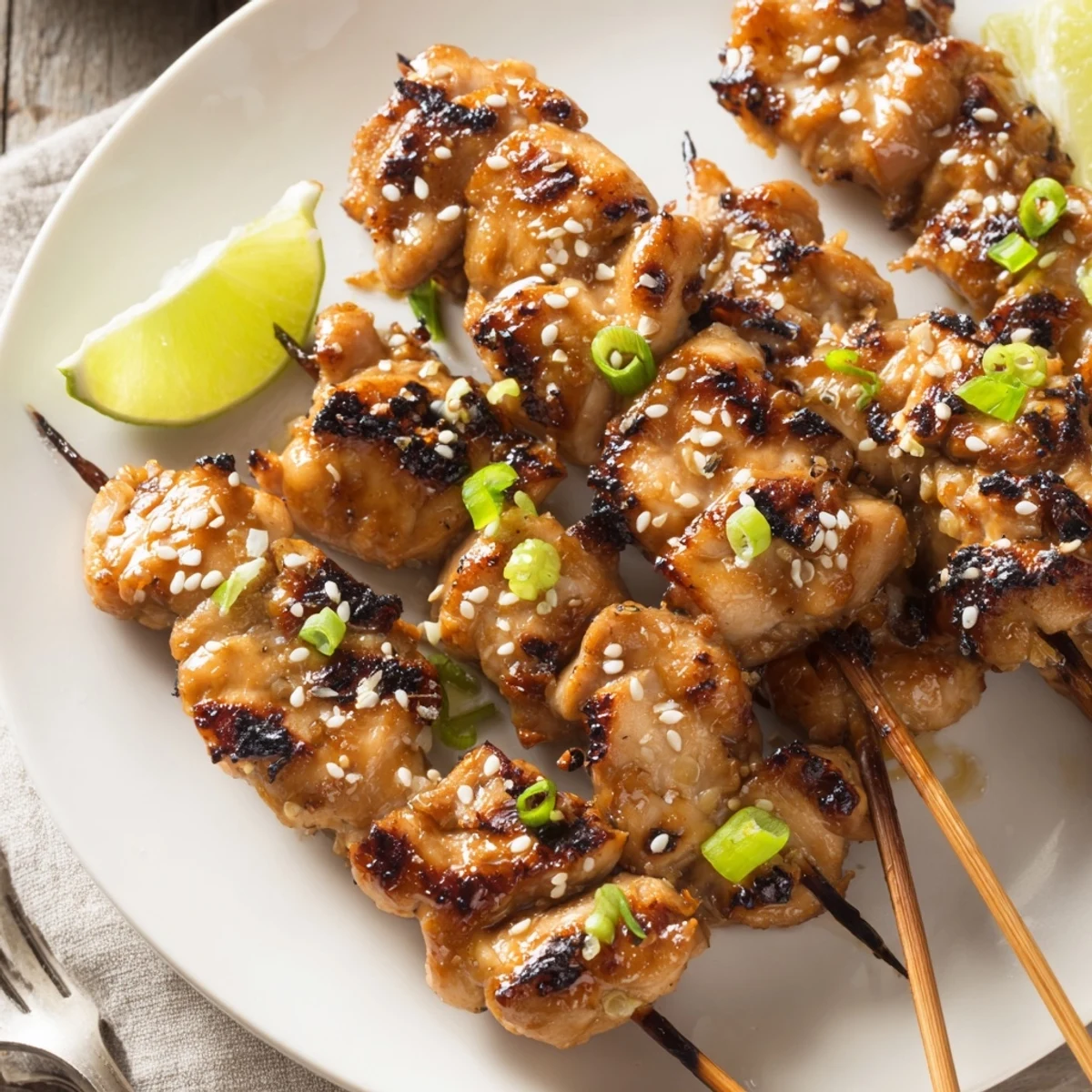 Tender Grilled Asian Chicken Skewers With Honey Garlic Sauce drizzled with lime  