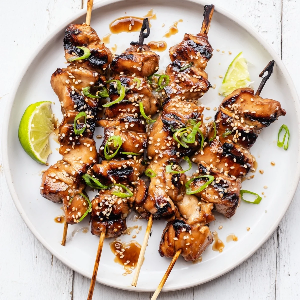Grilled Asian Chicken Skewers With Honey Garlic Sauce, glossy charred exterior, scallions  