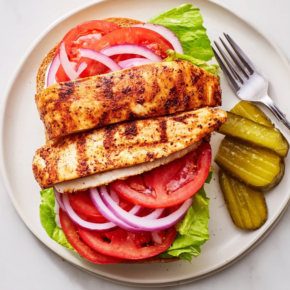 Golden grilled Savory Spiced Chicken Sandwich stacked high with crisp lettuce tomato and creamy mayo on toasted bun