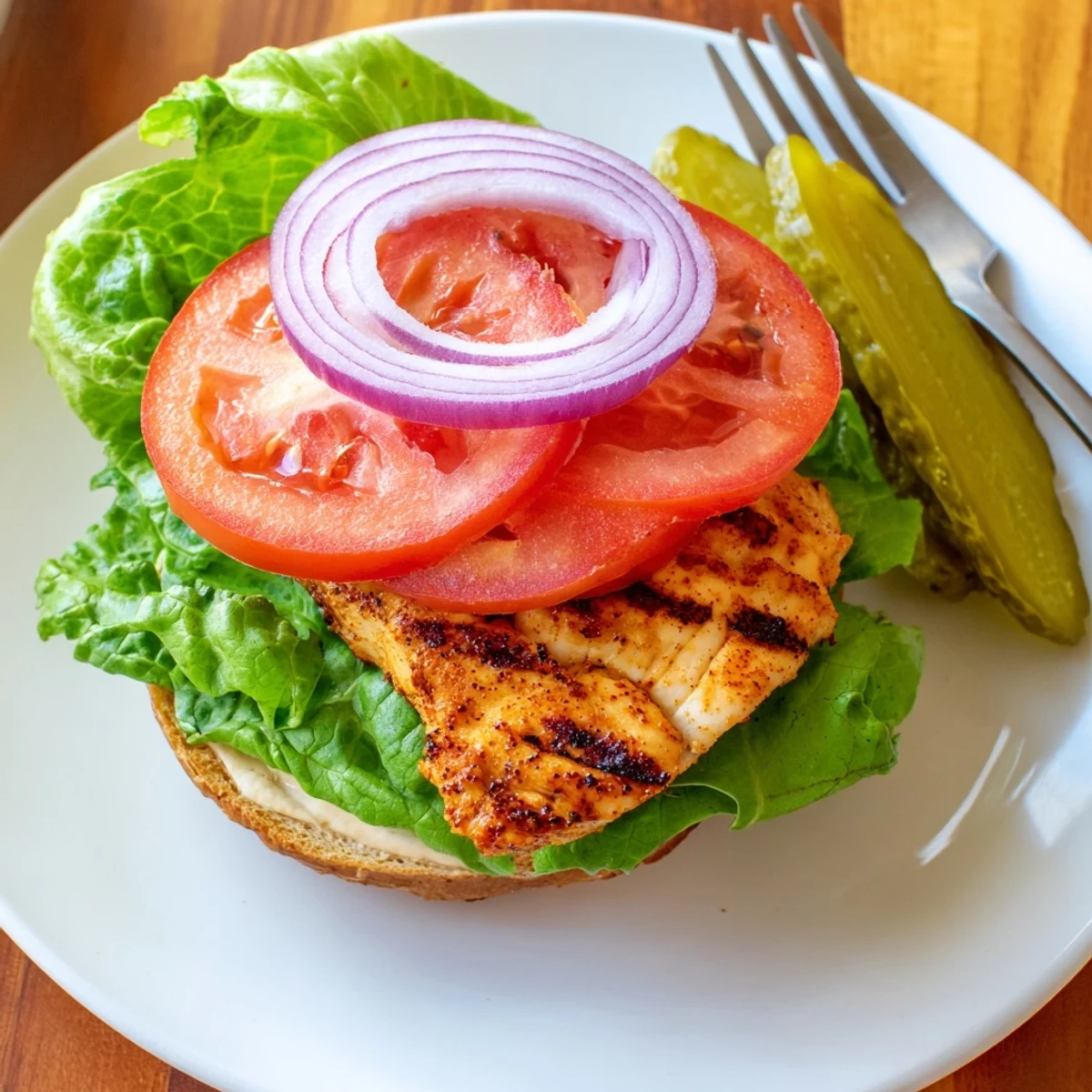 Two hands holding open faced Savory Spiced Chicken Sandwich revealing juicy seasoned meat layers with fresh red onion slices