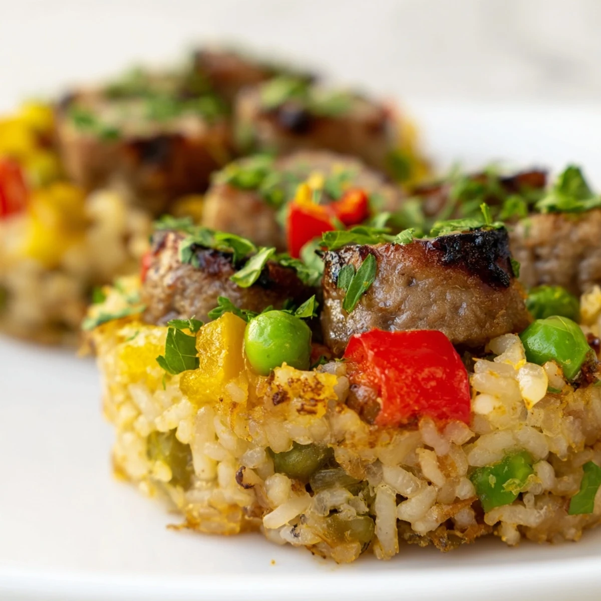 Comforting one-pan meal featuring browned chicken sausage, fluffy rice, and vibrant red bell pepper pieces