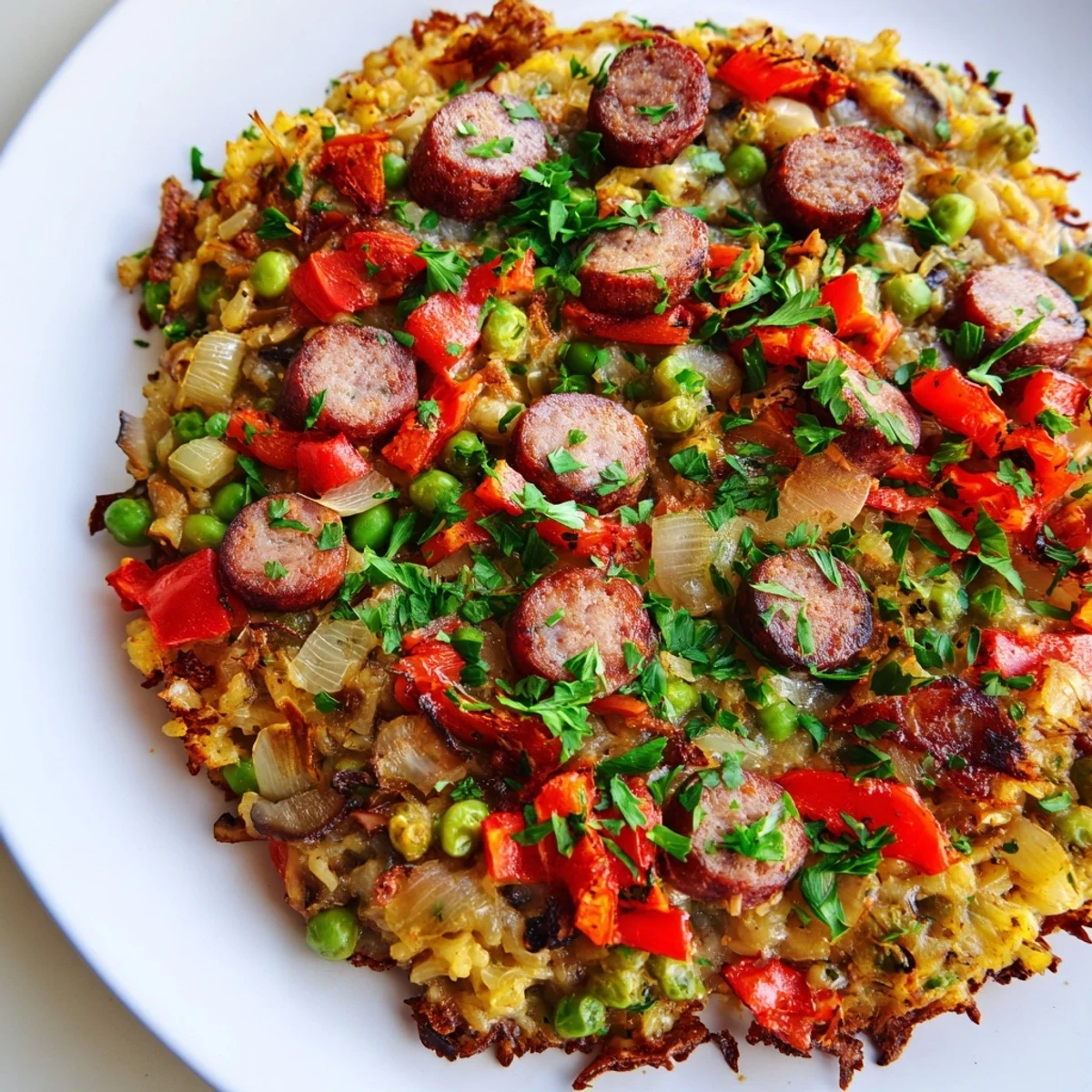 Golden crispy skillet rice topped with savory chicken sausage and colorful vegetables in a cast iron pan