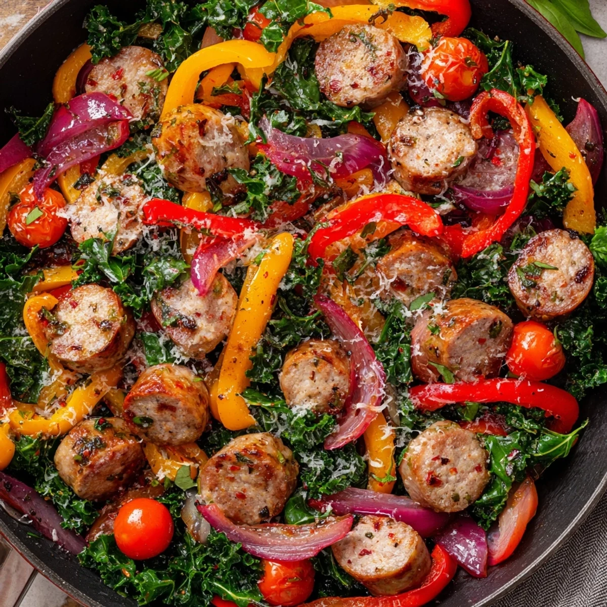Golden brown Italian sausage slices nestled among colorful red and yellow bell peppers with fresh wilted greens in a cast iron skillet