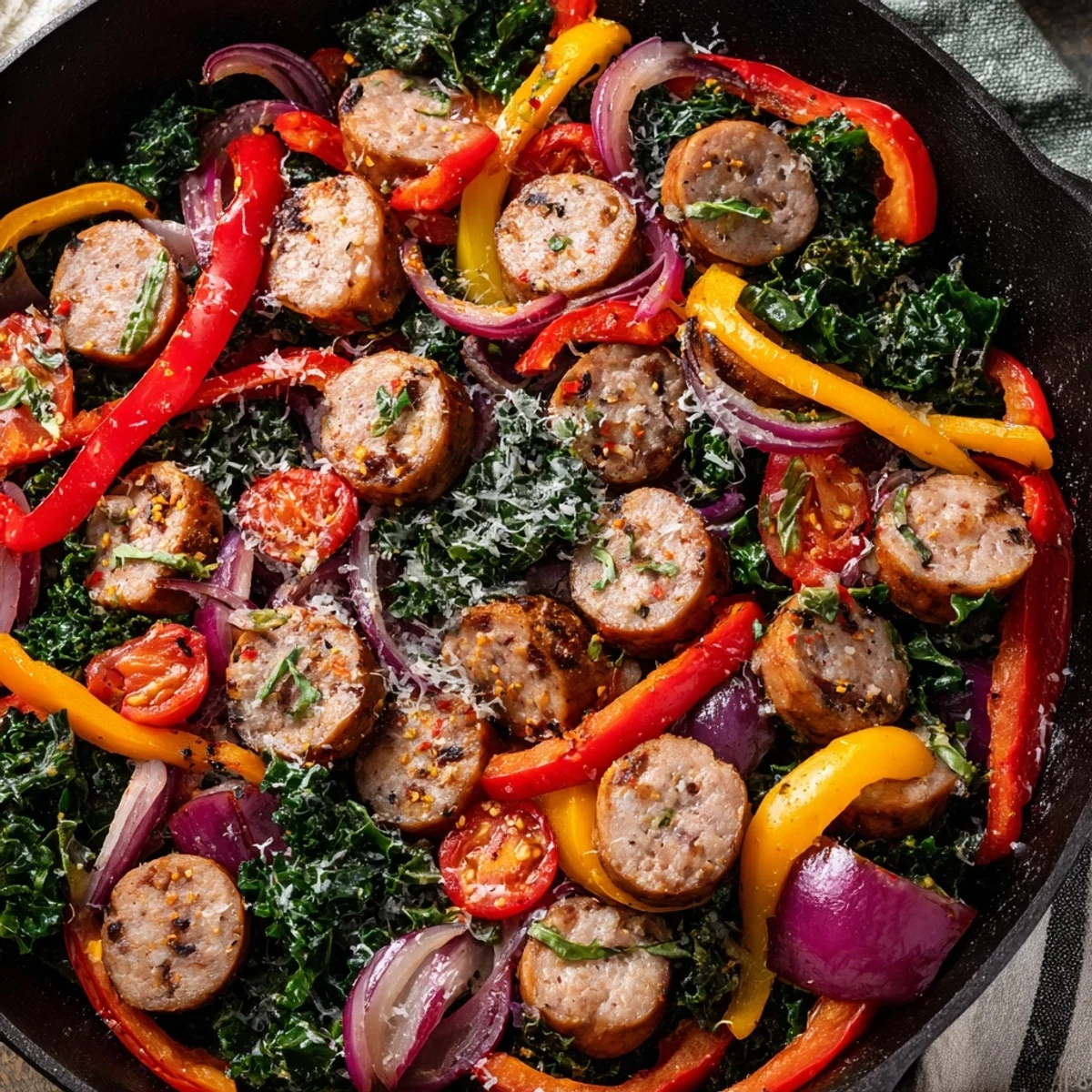 Hearty one pan sausage peppers greens skillet dinner featuring caramelized vegetables and juicy sausages served hot for an easy family meal