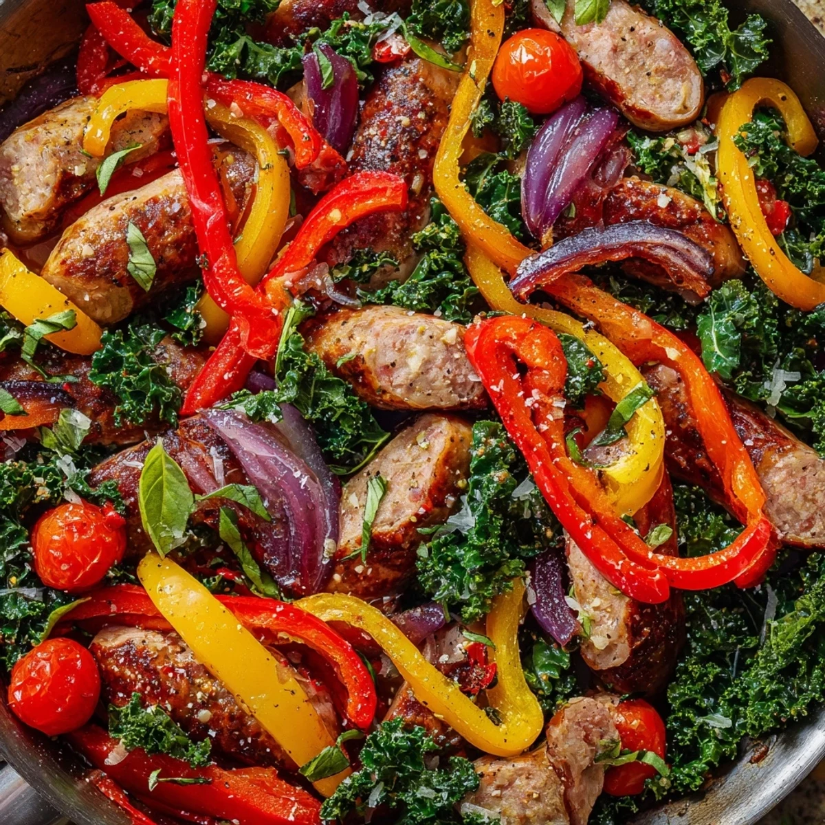 Vibrant sausage and peppers skillet with tender kale, cherry tomatoes, and savory Italian sausage arranged beautifully on a rustic wooden table