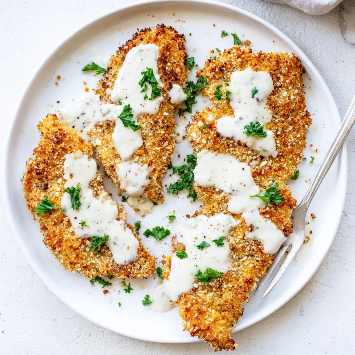 Golden brown crispy chicken breasts drizzled with rich creamy parmesan garlic sauce on a white plate
