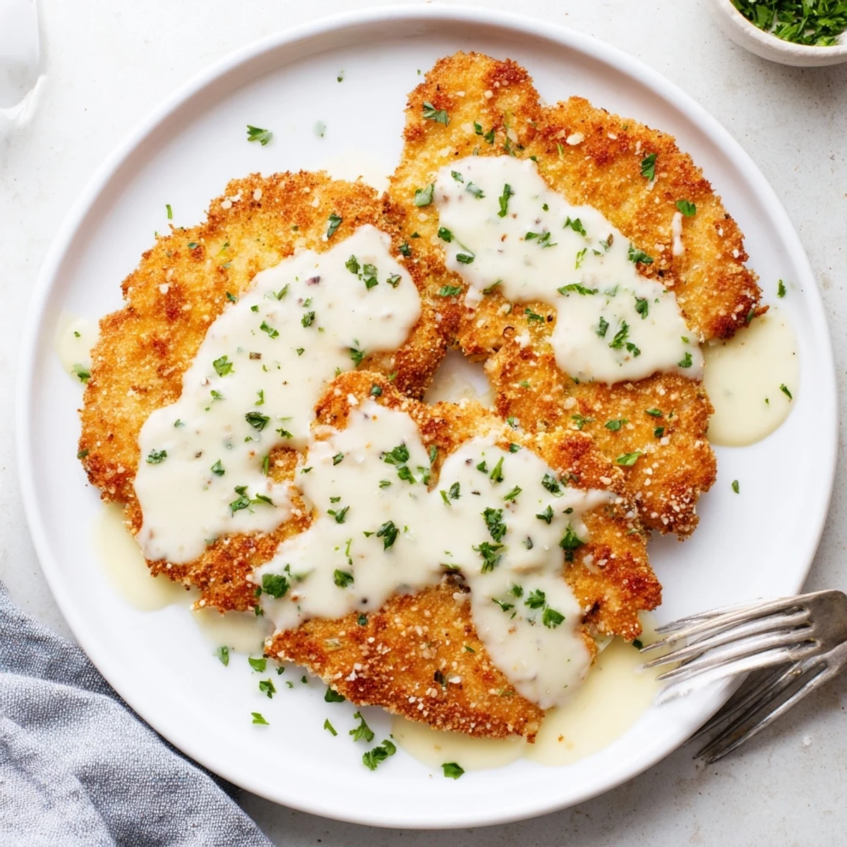 Pan-fried breaded chicken cutlets smothered in velvety white cream sauce and garnished with fresh green parsley