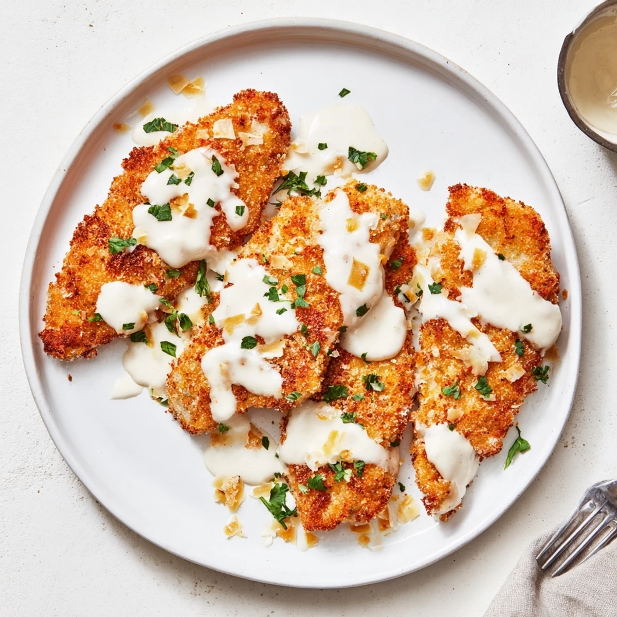 Crispy baked chicken topped with luscious homemade creamy sauce served steaming hot for a comforting family dinner