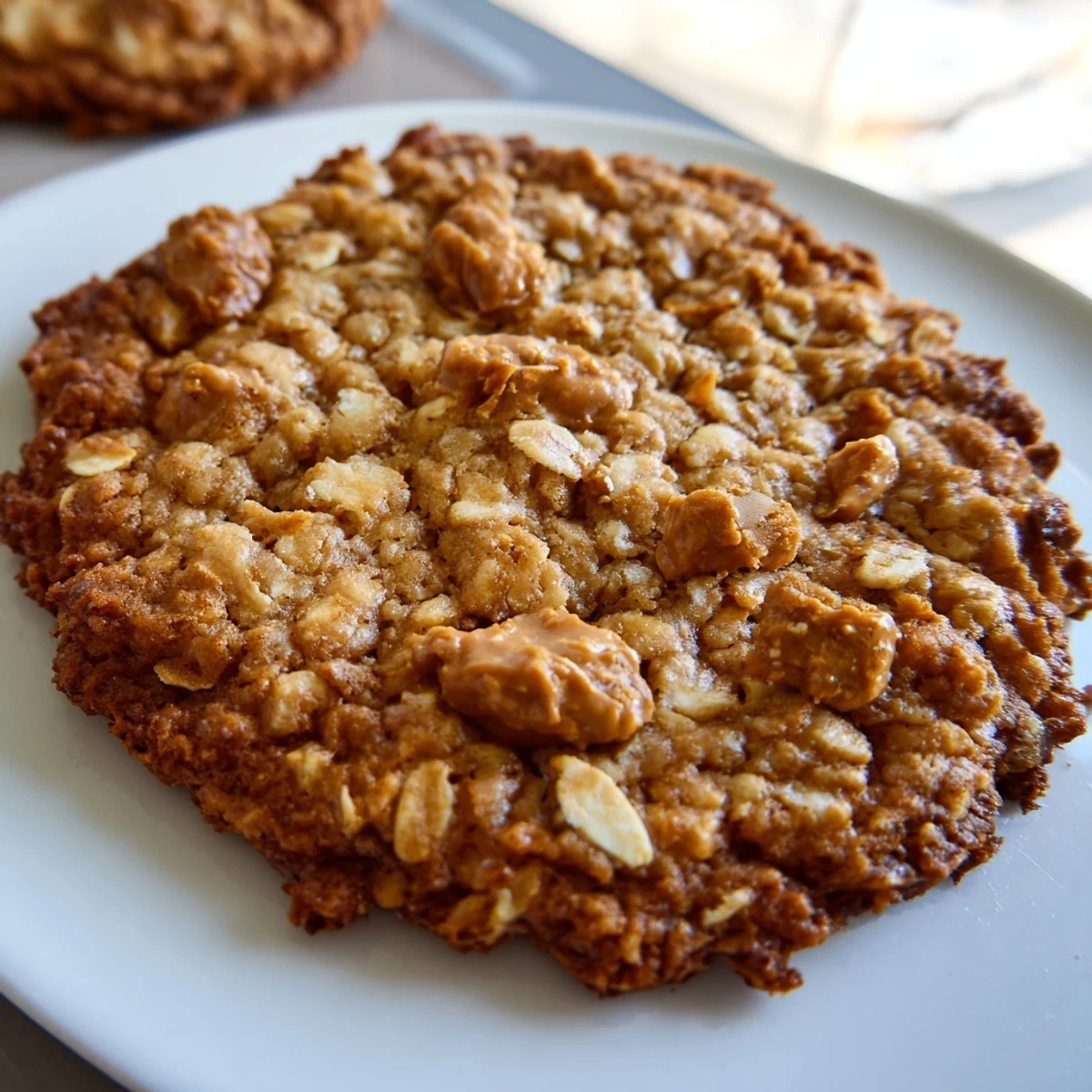Golden Biscoff oatmeal Lotus cookies stacked on a white plate with melted chunks