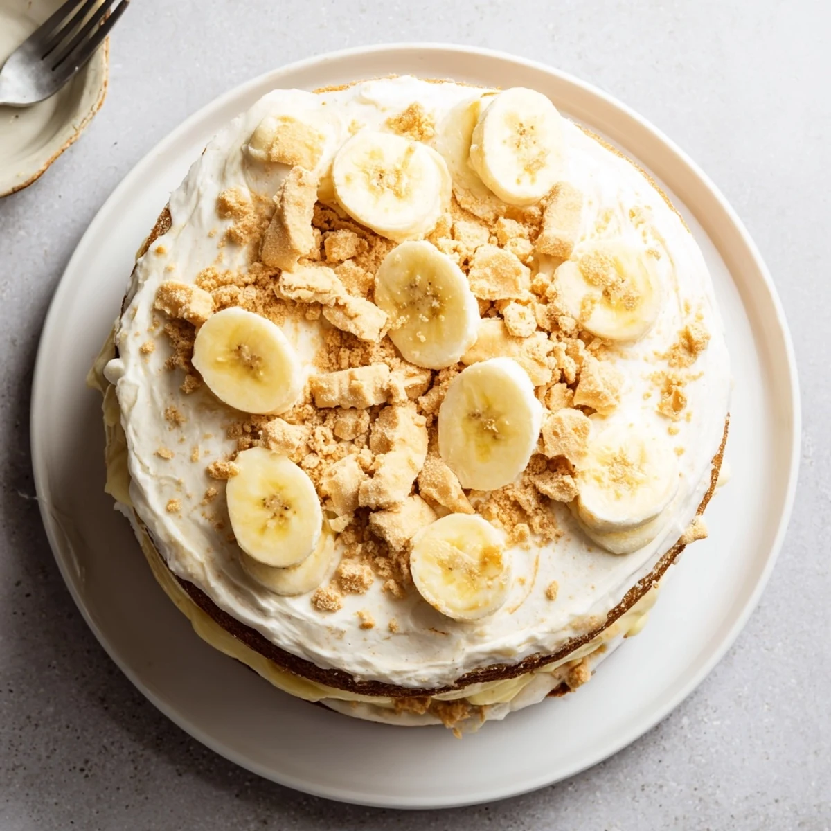 Moist banana pudding cake layered with creamy vanilla filling and fresh banana slices on a serving platter