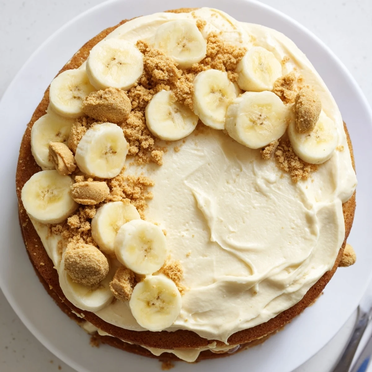 Southern-style banana pudding cake stacked with whipped cream pudding and crushed vanilla wafer cookie topping