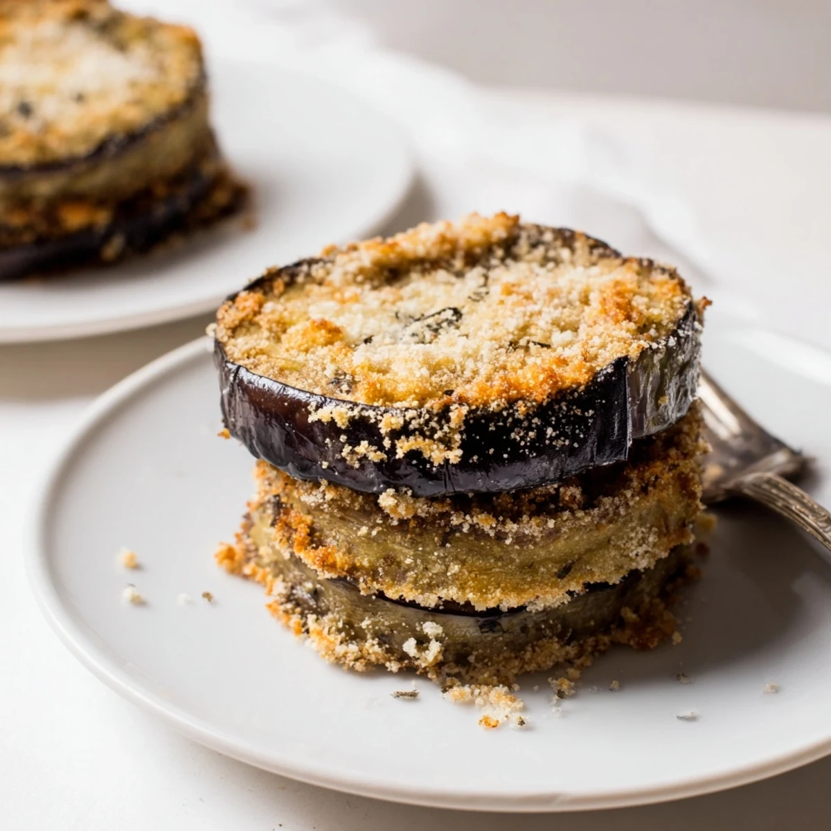 Crispy Baked Eggplant slices on parchment, lightly oiled, fragrant oregano and Parmesan