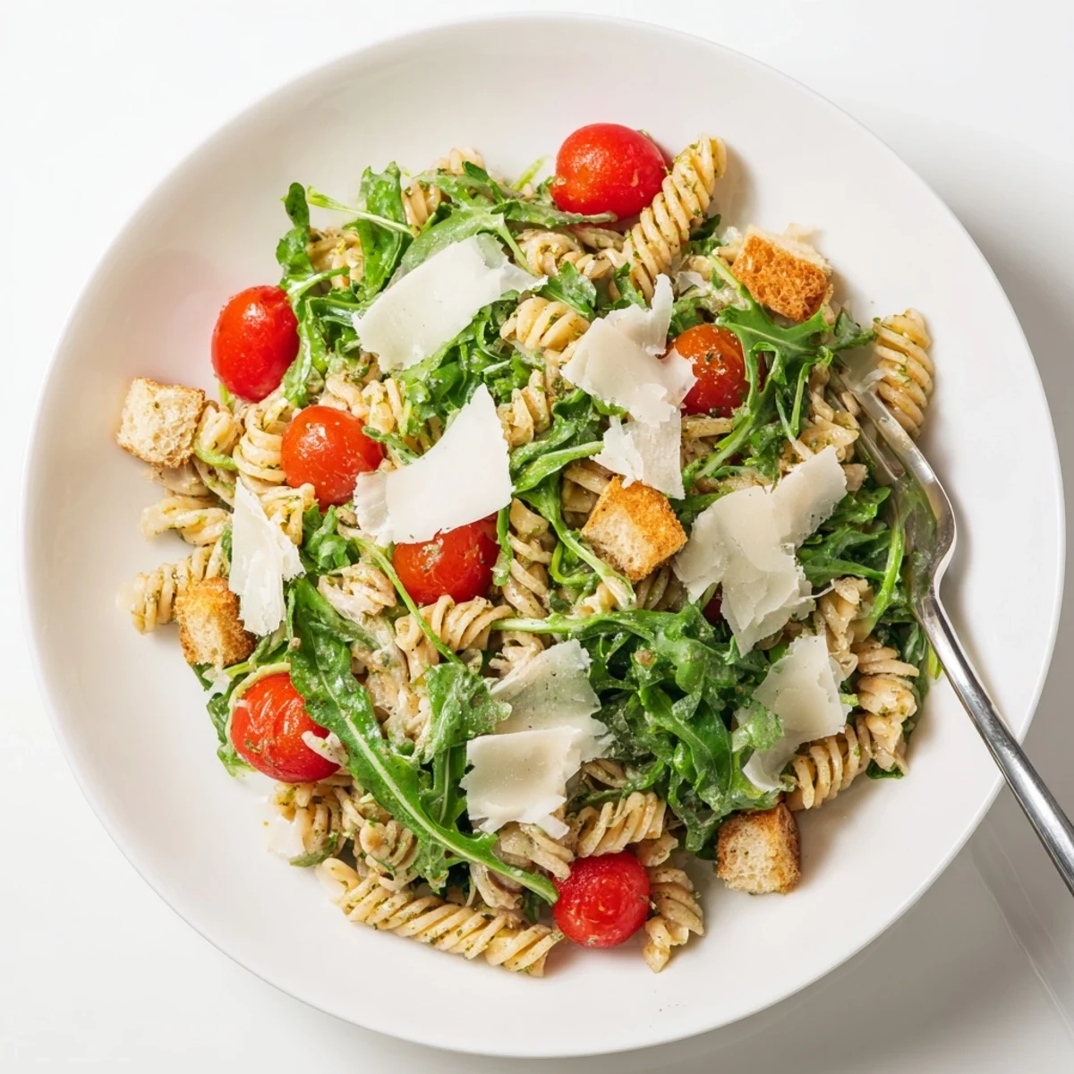 Bright Arugula Pasta Caesar Salad tossed with halved cherry tomatoes, fresh lemon