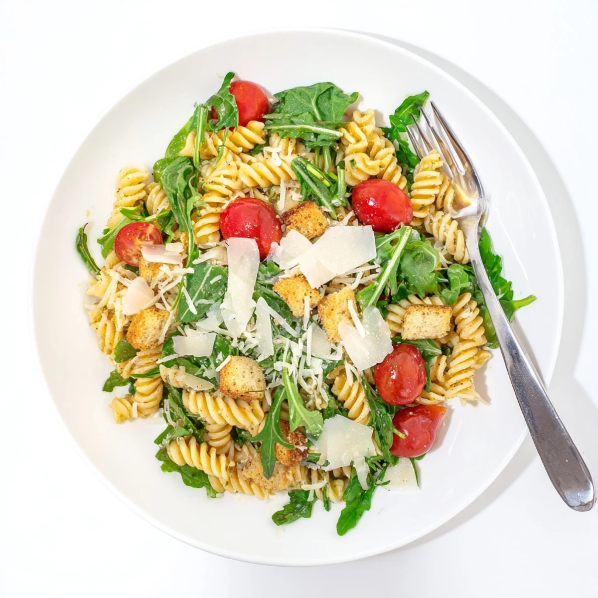 Arugula Pasta Caesar Salad with creamy dressing, shaved Parmesan, and toasted croutons