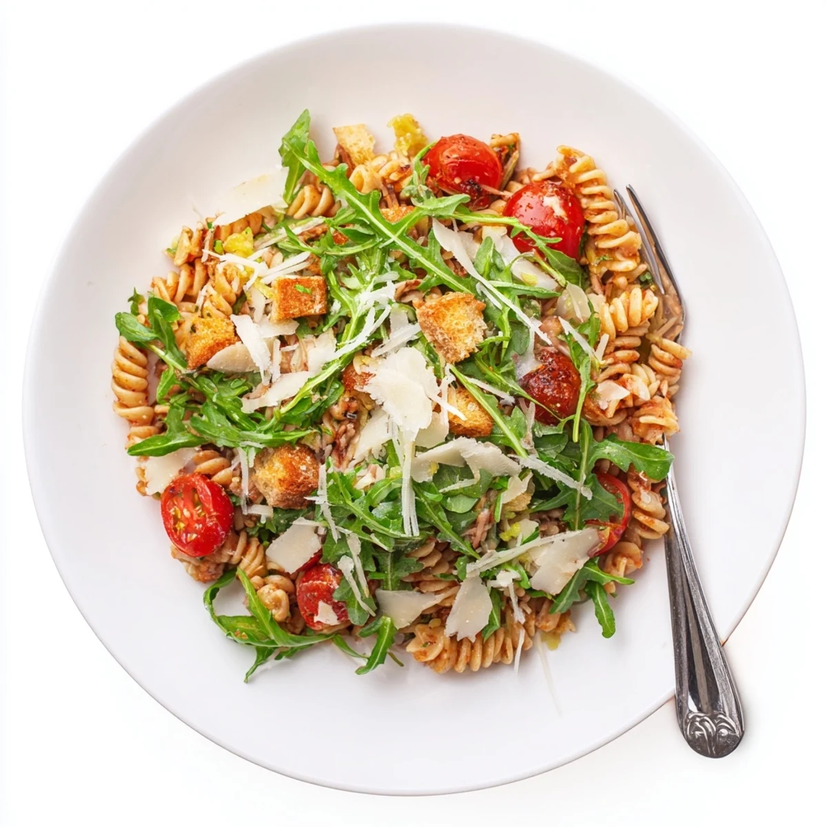 Weeknight Arugula Pasta Caesar Salad plated for dinner, peppery greens and al dente pasta