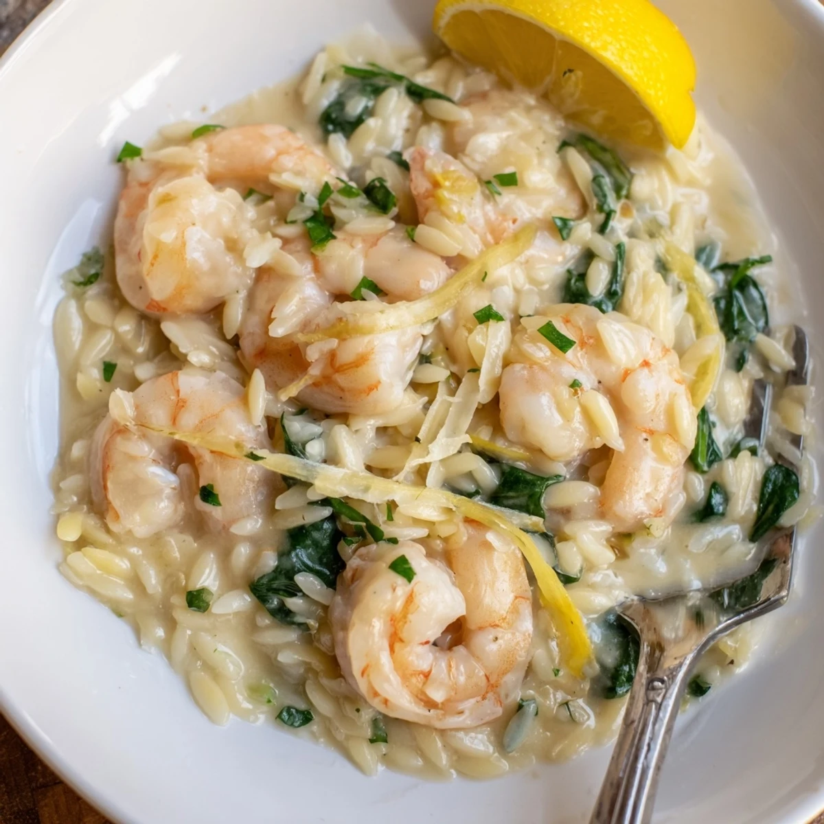 Creamy Shrimp Orzo Recipe plated in shallow bowl, garnished with lemon.