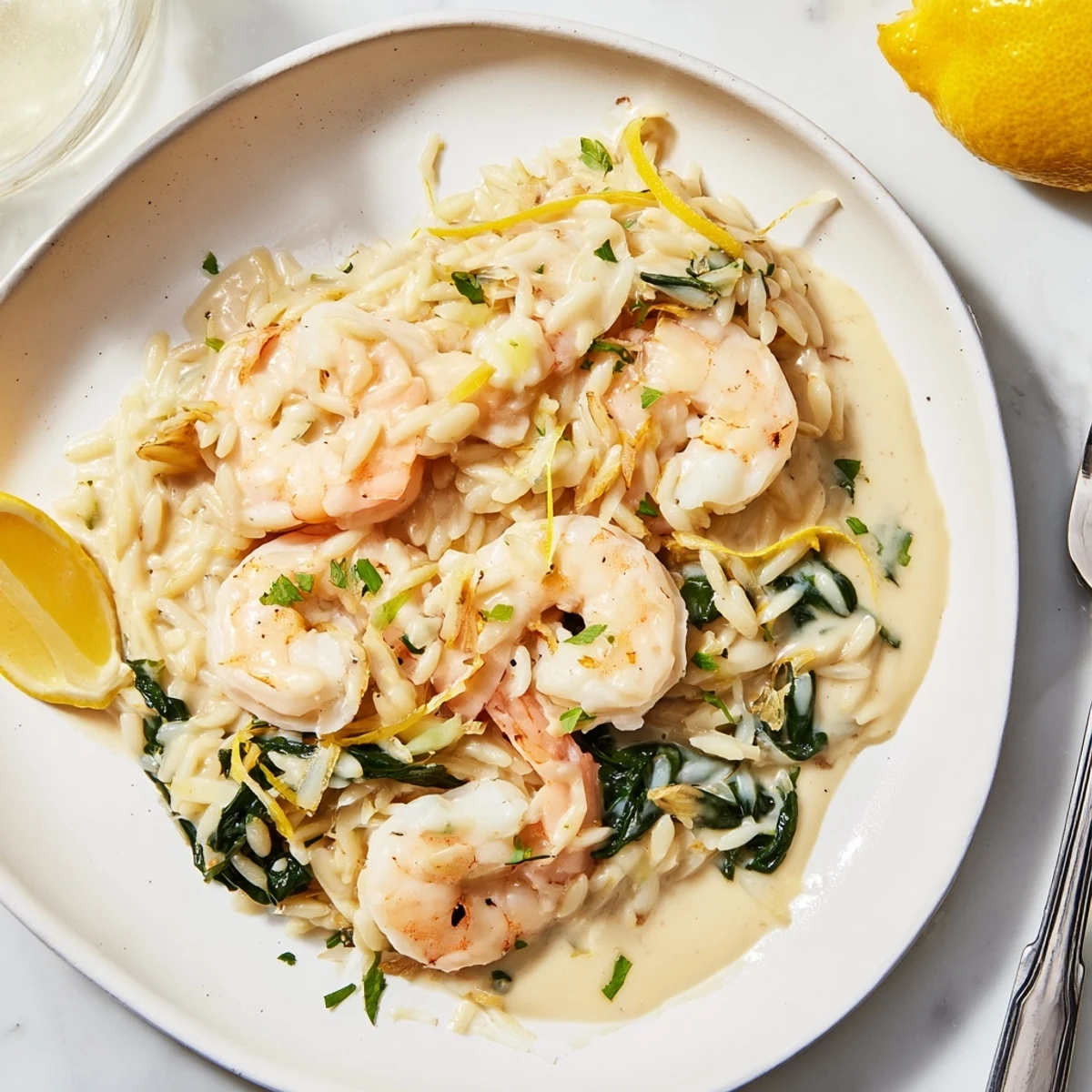 Warm Creamy Shrimp Orzo Recipe steaming, spinach folded in, parsley sprinkled.