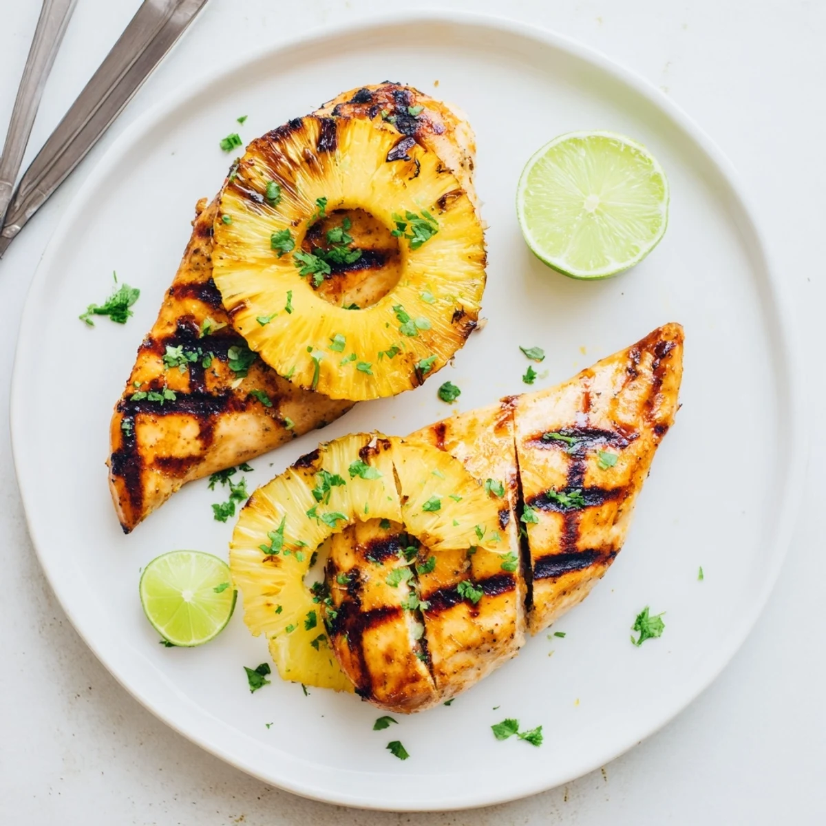 Grilled Aloha Chicken Recipe glistening with char marks, juicy, served with pineapple.