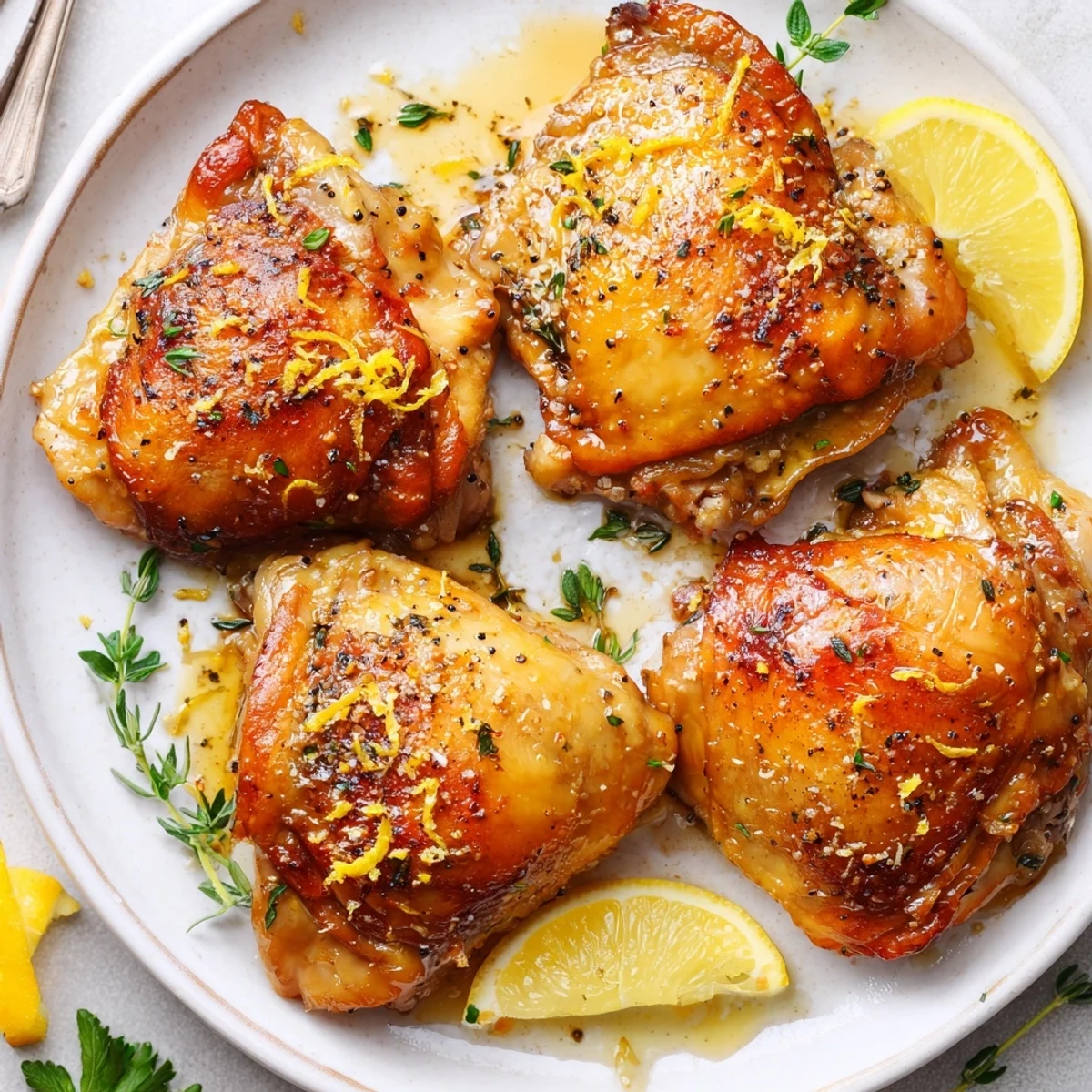 Golden, crispy Lemon Pepper Chicken Thighs resting on lemon wedges, parsley garnish.