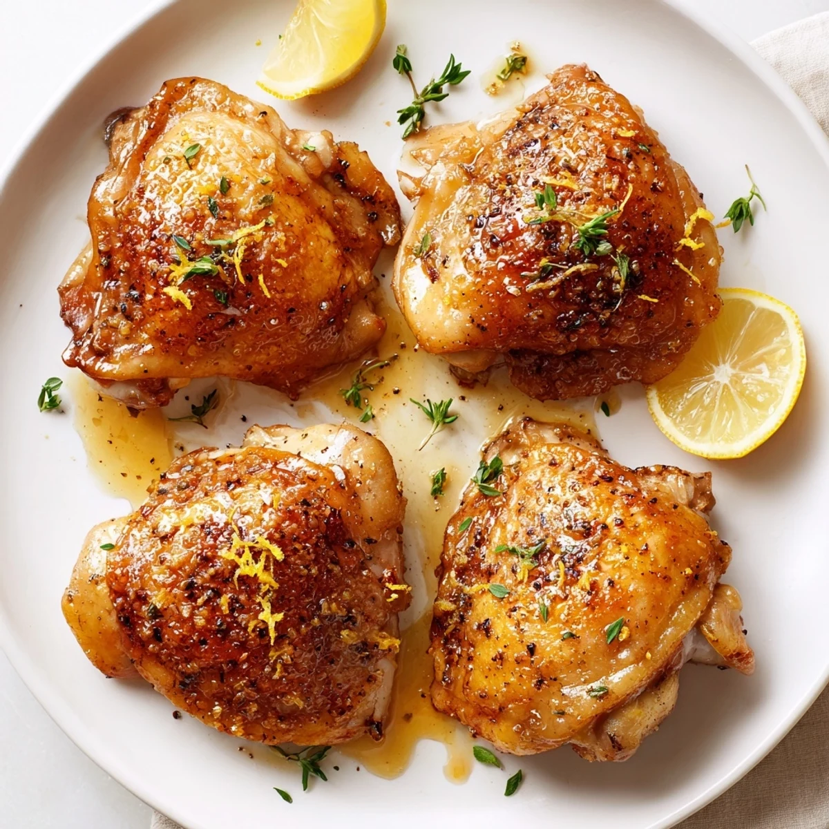 Juicy Lemon Pepper Chicken Thighs marinated in zesty lemon and cracked pepper.