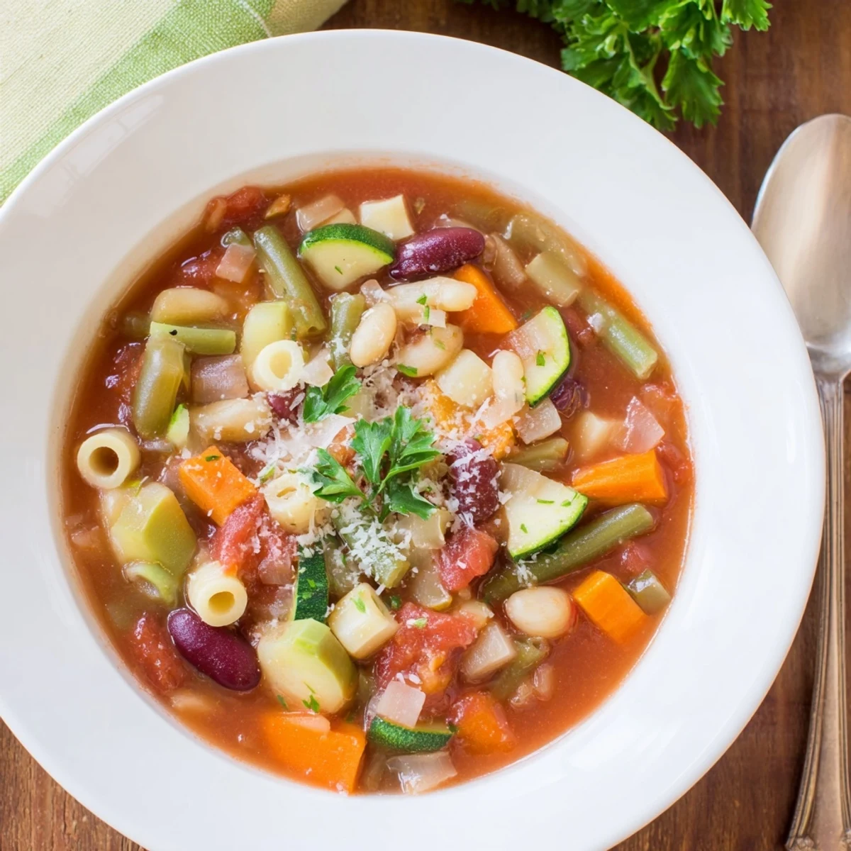 Minestrone Soup steaming in bowl, hearty vegetables and pasta with savory aroma
