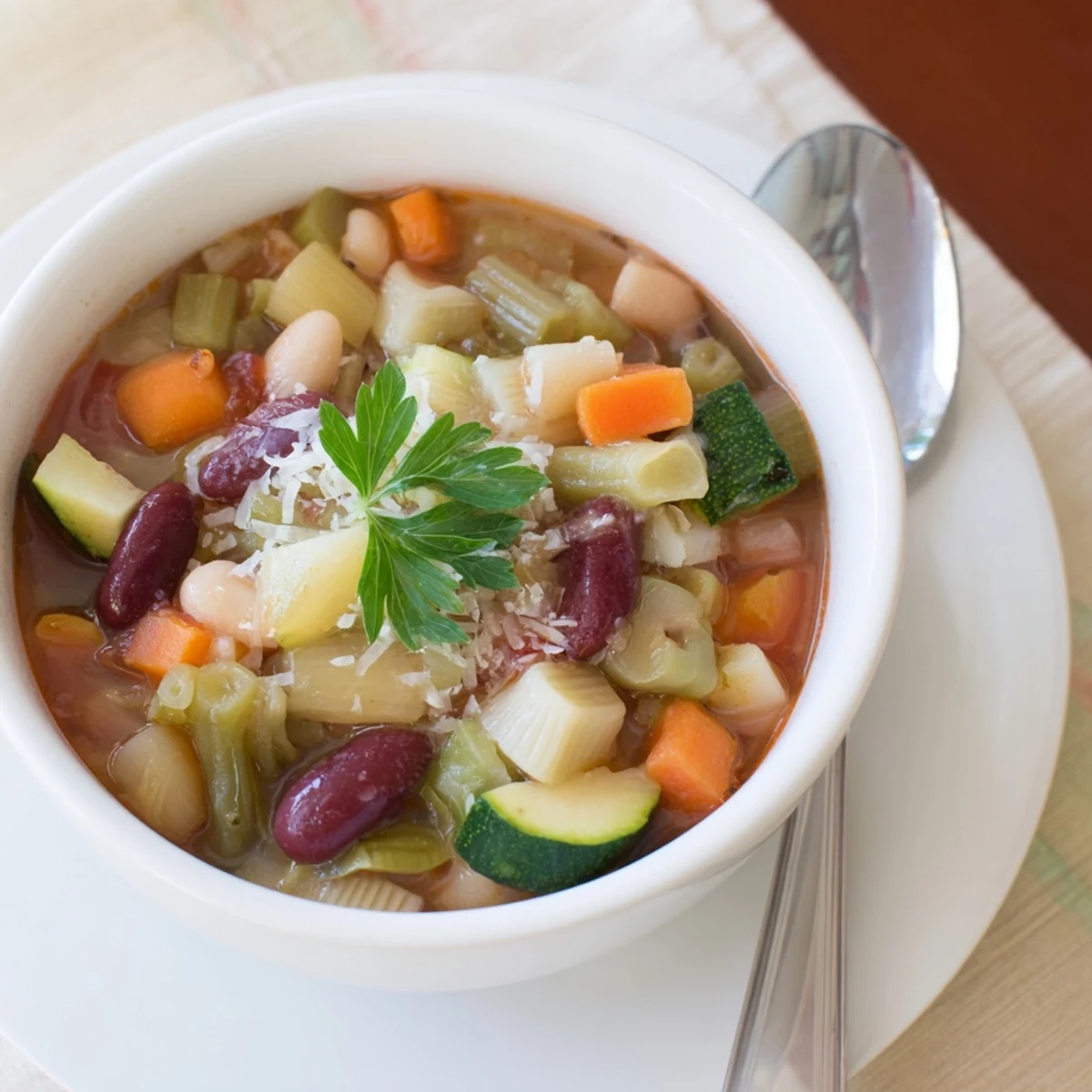 Homemade Minestrone Soup simmering in pot, tomato broth fragrant with fresh herbs