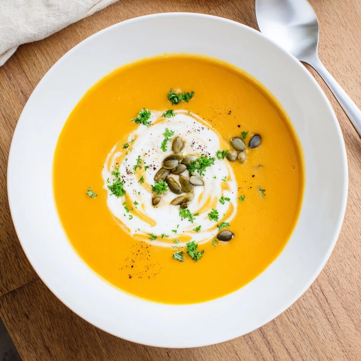 Creamy Carrot Soup garnished with chives, warm bowl on wooden table
