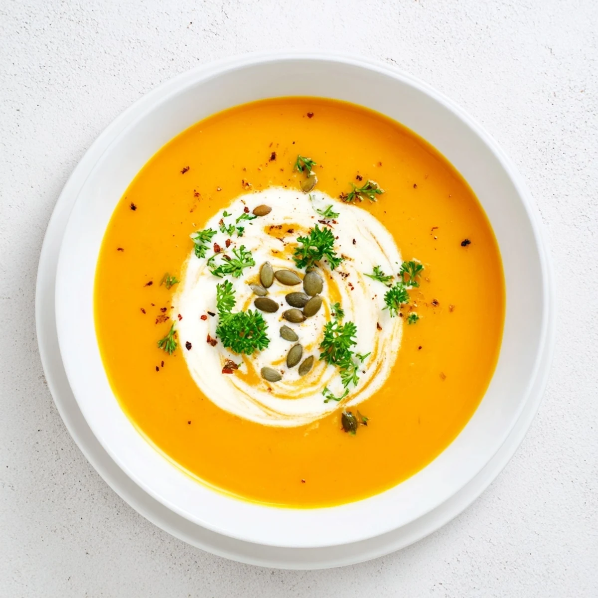 Bright orange Carrot Soup pureed smooth, topped with toasted pumpkin seeds