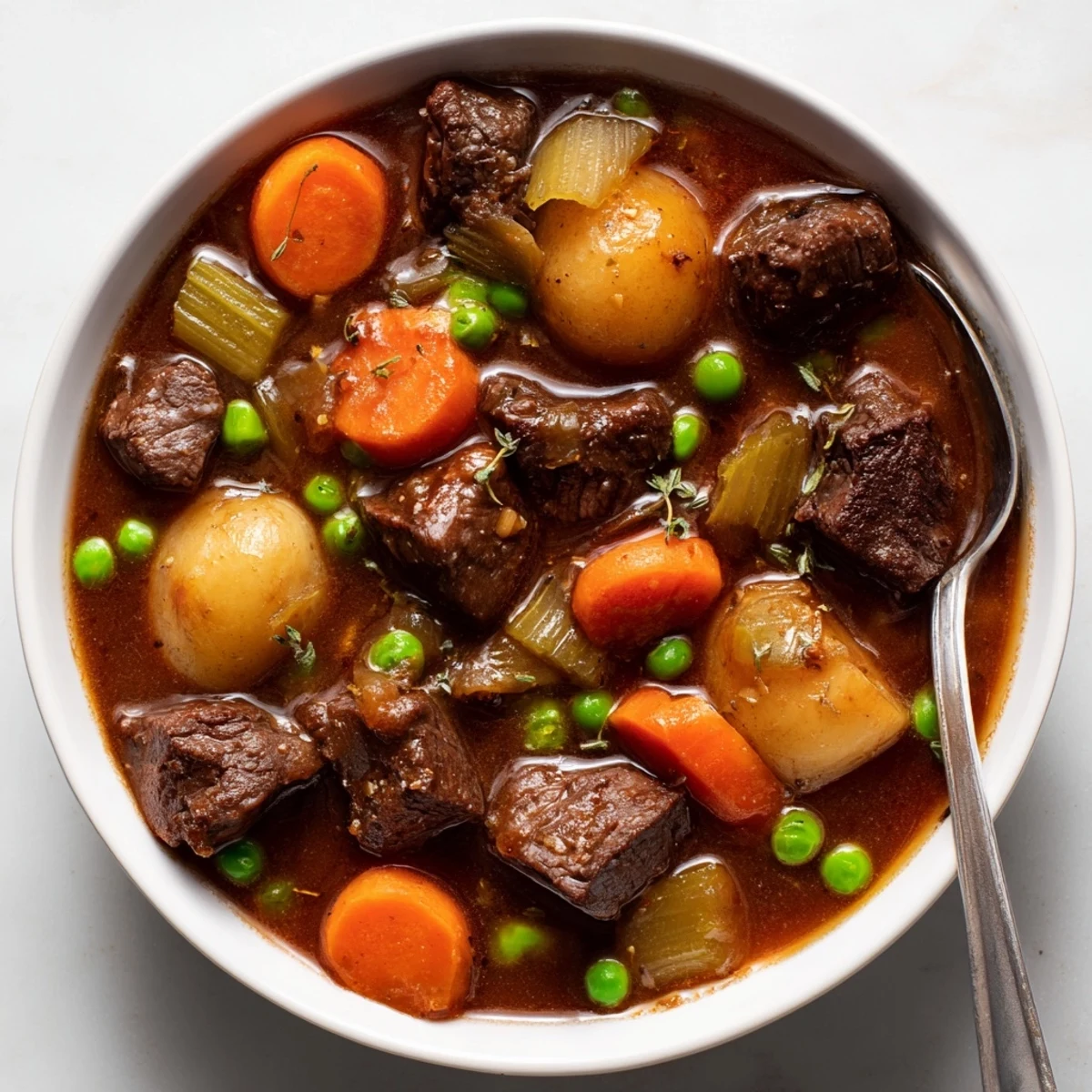 Steaming bowl of Beef Stew with tender chunks, carrots, and savory broth