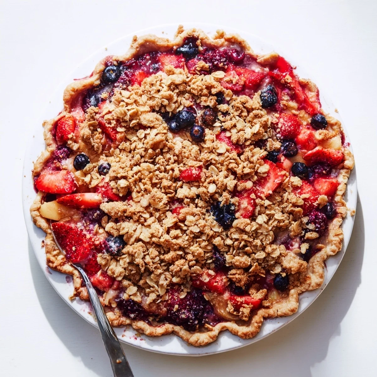 Golden sweet berry rhubarb dream pie with buttery crumble topping bubbling with red and blue fruit