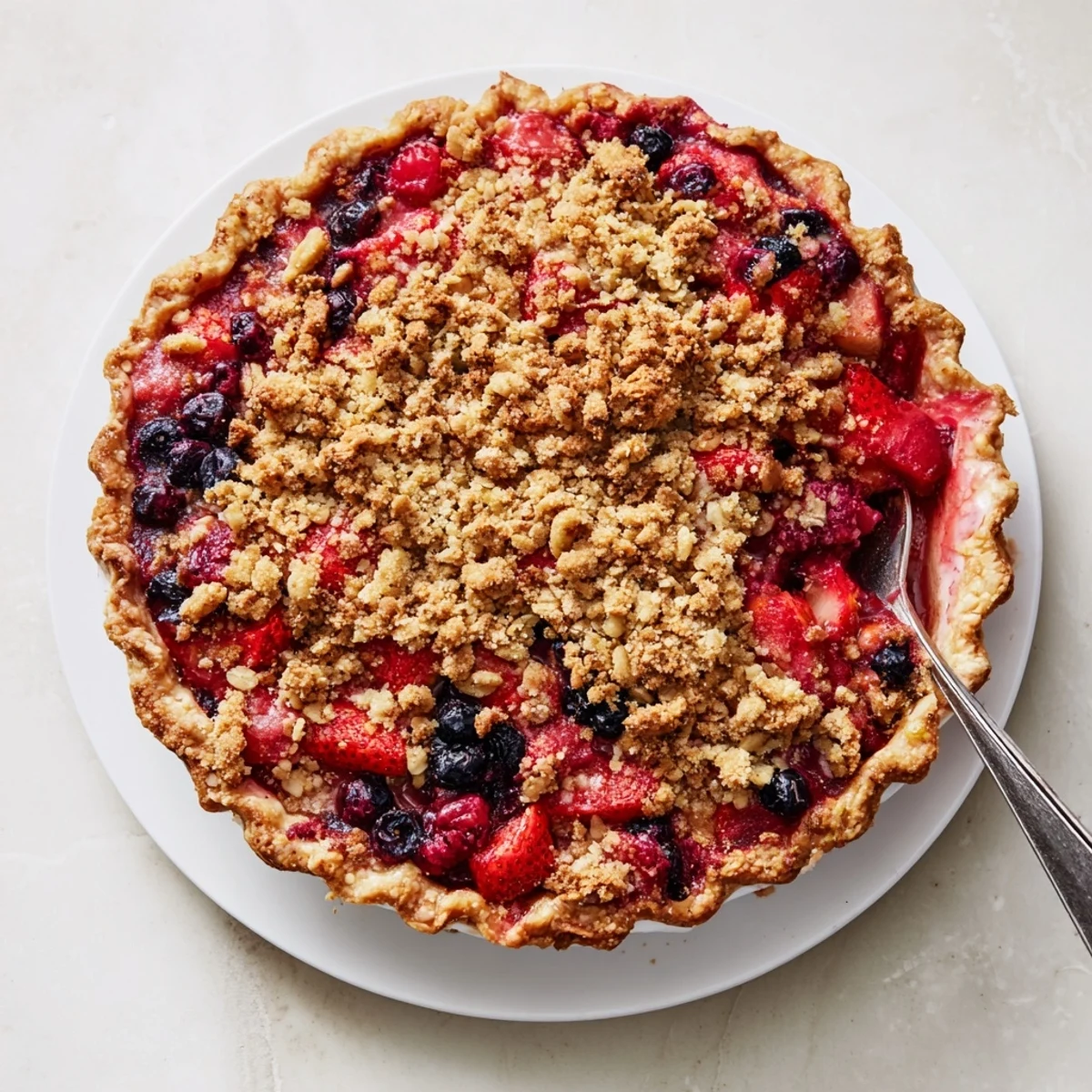 Slice of sweet berry rhubarb dream pie showcasing vibrant strawberries raspberries and tart rhubarb filling