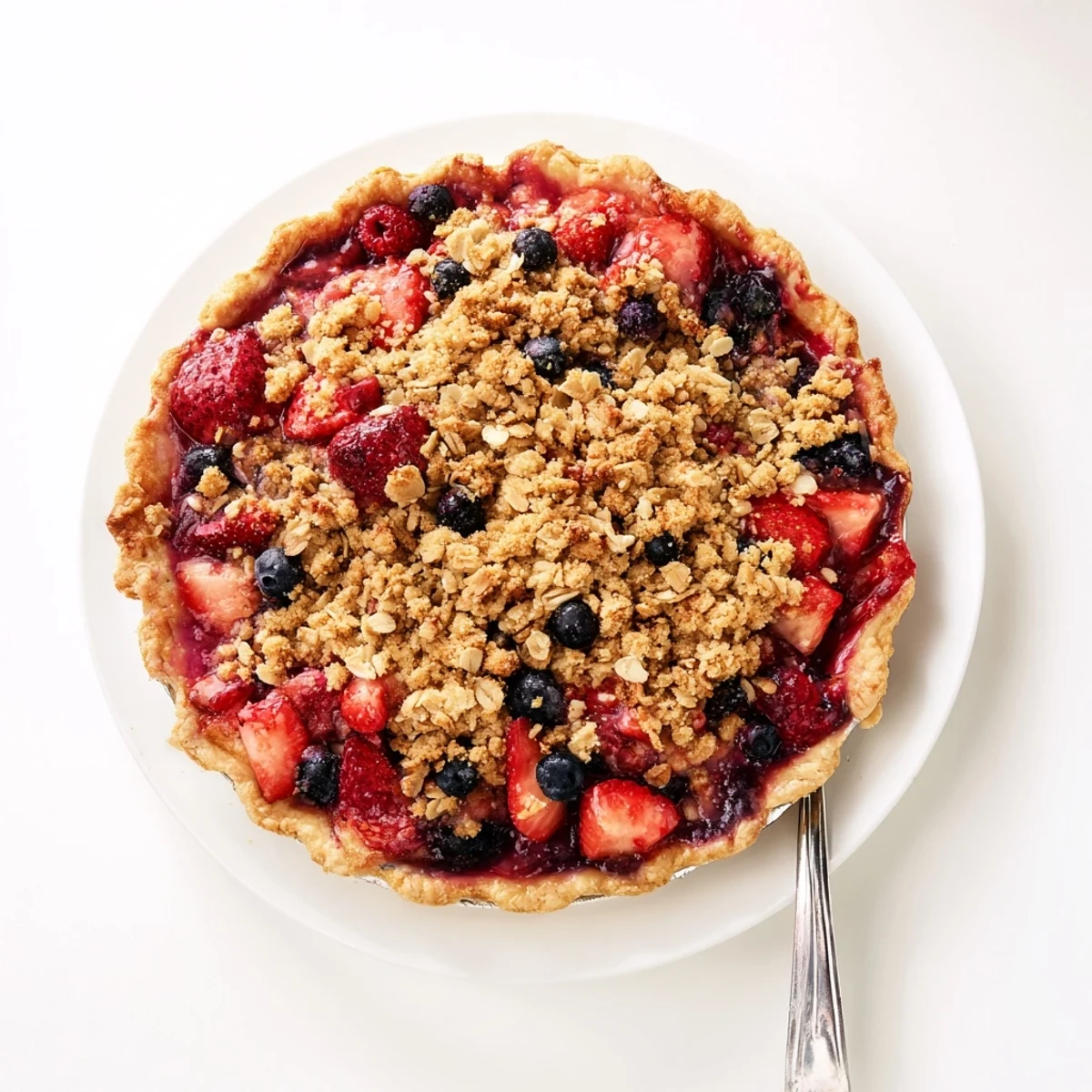 Homemade sweet berry rhubarb dream pie with golden oat crumble on white porcelain serving plate