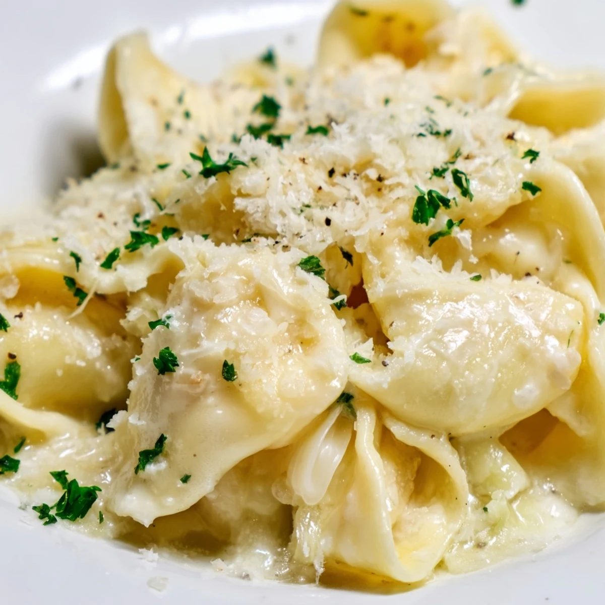 Steaming bowl of homemade creamy cafeteria noodles garnished with extra Parmesan and herbs