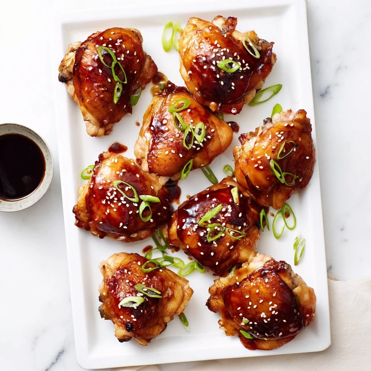 Glossy bone-in teriyaki chicken thighs roasted until golden with caramelized edges