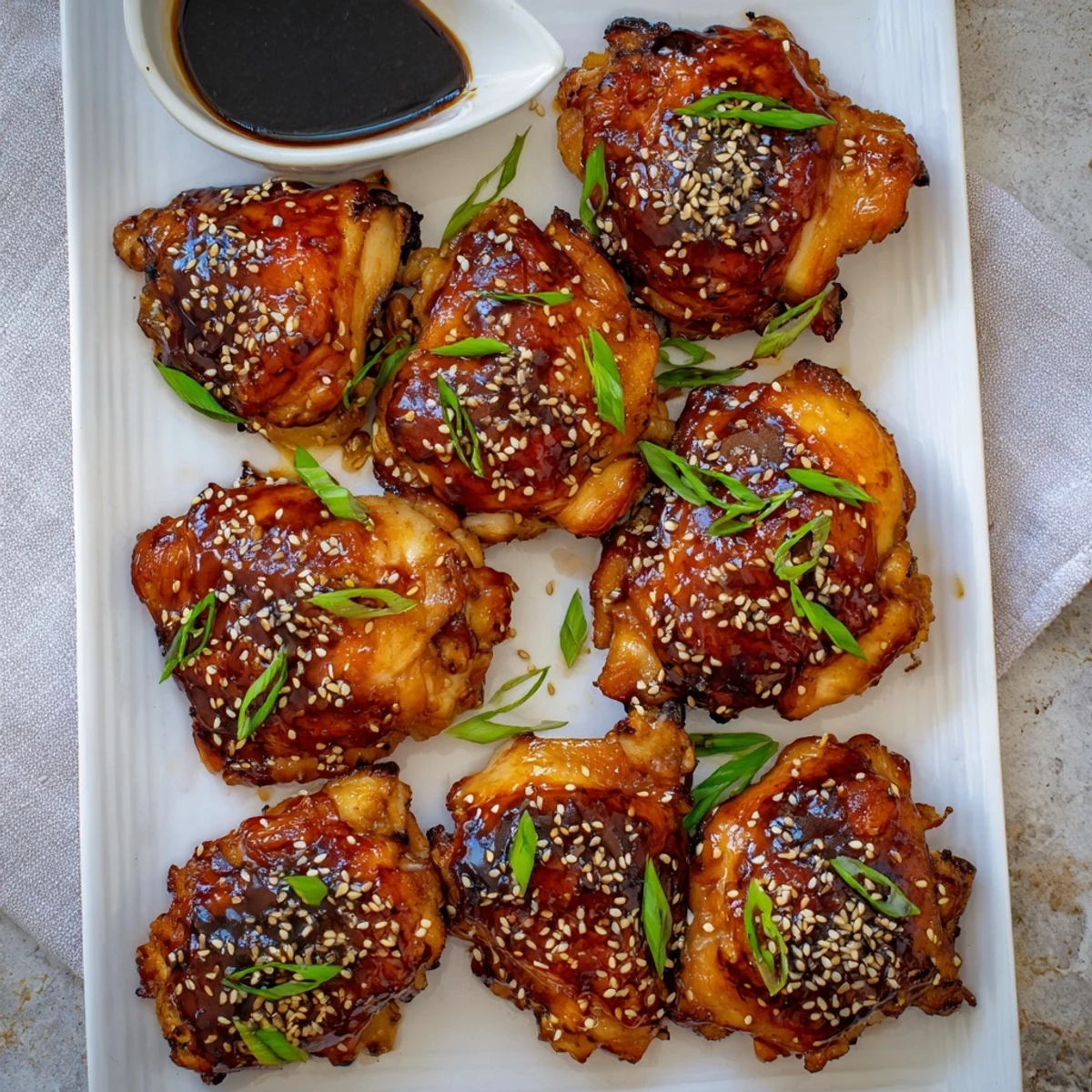 Oven-roasted teriyaki chicken thighs on bone with sticky sweet soy sauce glaze