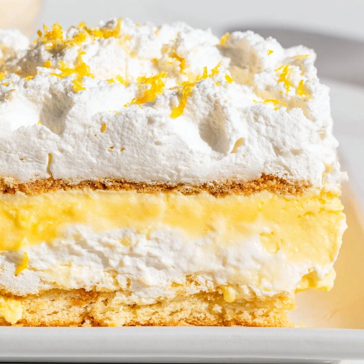 Square slice of Lemon Lush Cake with visible layers of golden crust, creamy white filling, and bright lemon pudding topped with fluffy whipped cream
