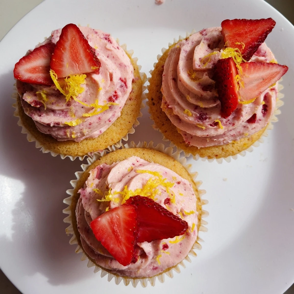 Light and fluffy strawberry lemonade cupcakes topped with creamy pink strawberry buttercream frosting on a white plate