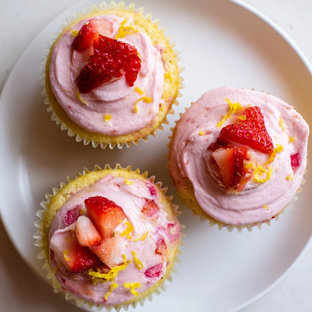 Pink frosted strawberry lemonade cupcakes featuring fresh strawberry chunks and buttercream on a baking sheet