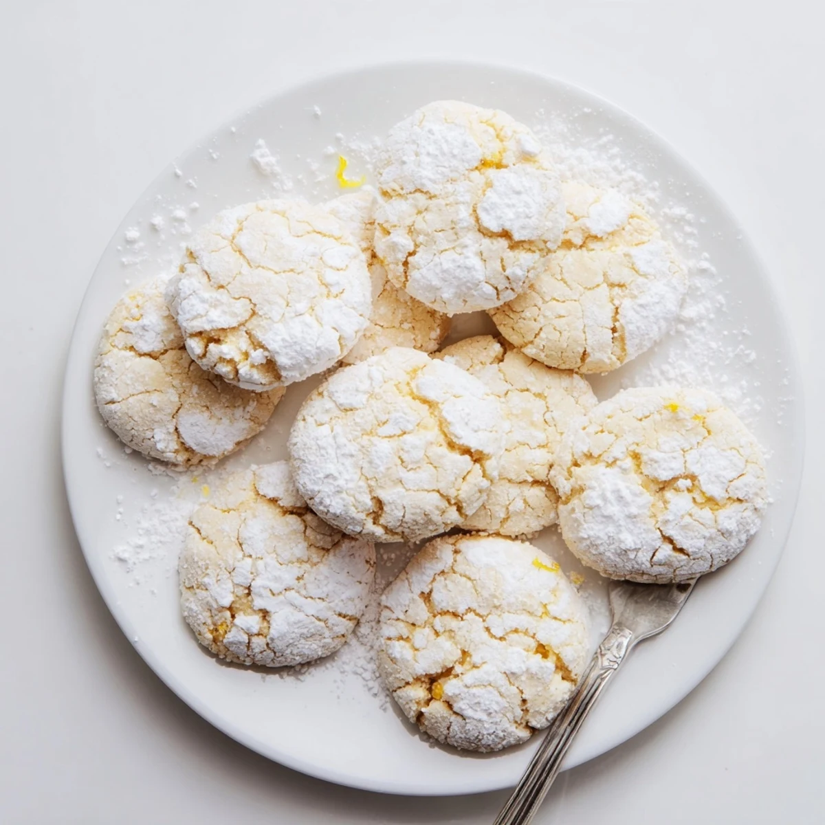 Soft chewy lemon cookies dusted with powdered sugar on a white baking sheet