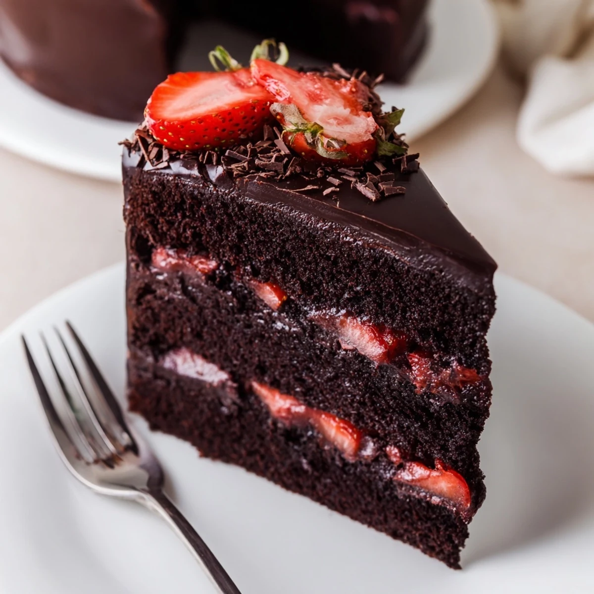 Strawberry Chocolate Cake on a plate with glossy ganache and sliced berries