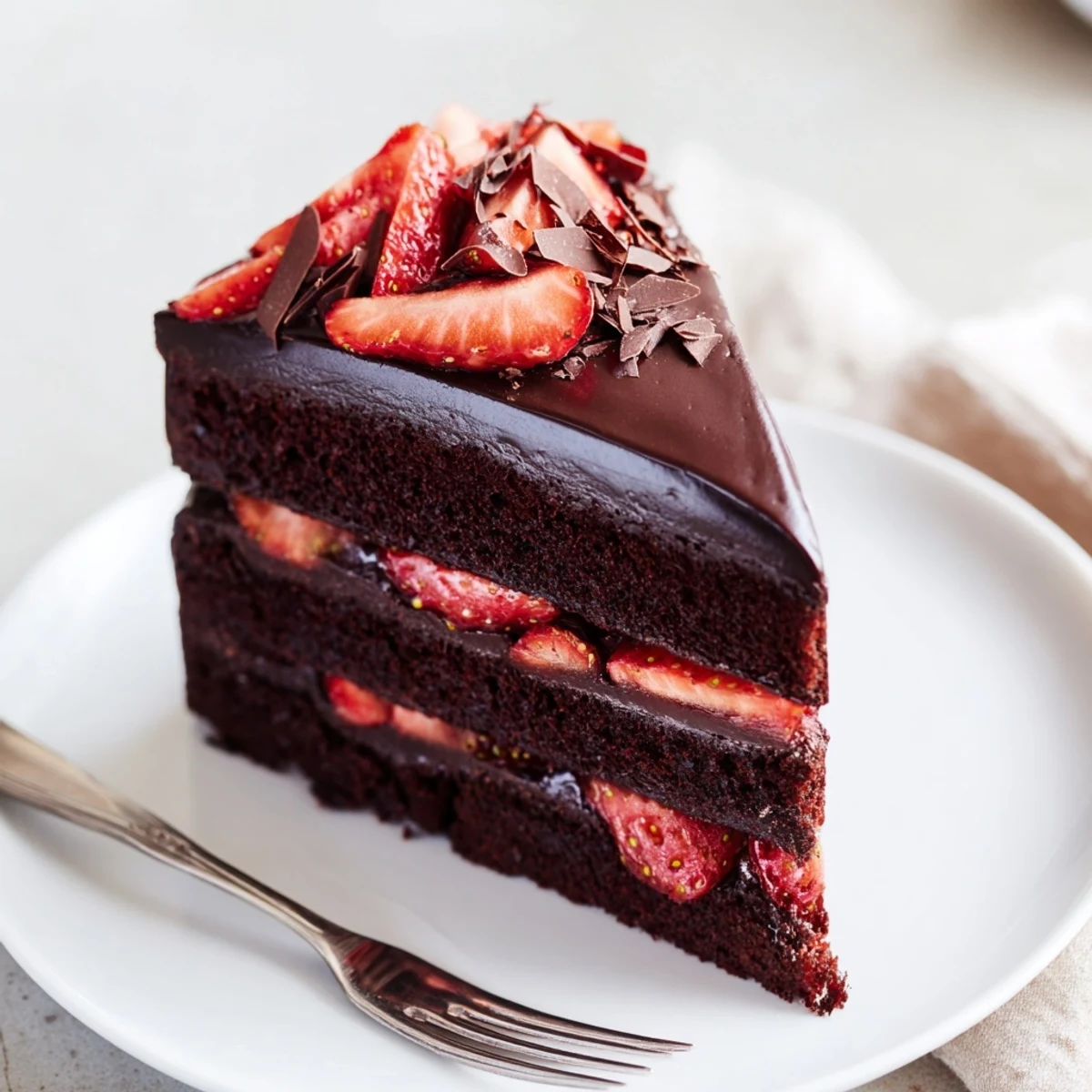 Decadent Strawberry Chocolate Cake topped with whole berries and delicate chocolate shavings
