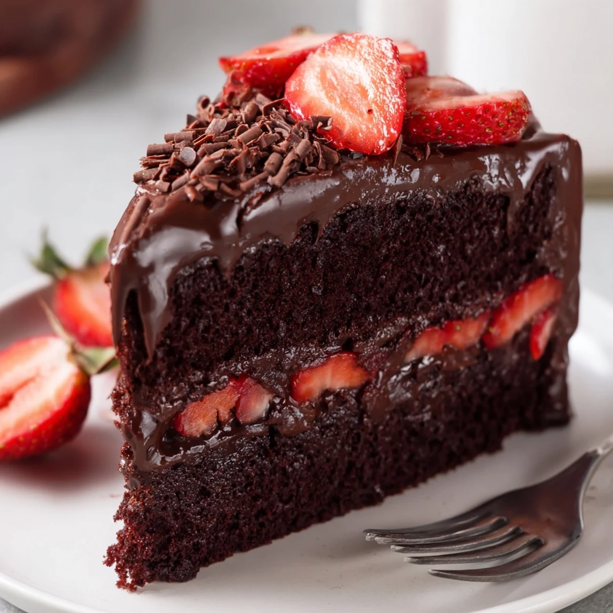 Sliced Strawberry Chocolate Cake revealing moist crumb, fresh strawberry filling and cream