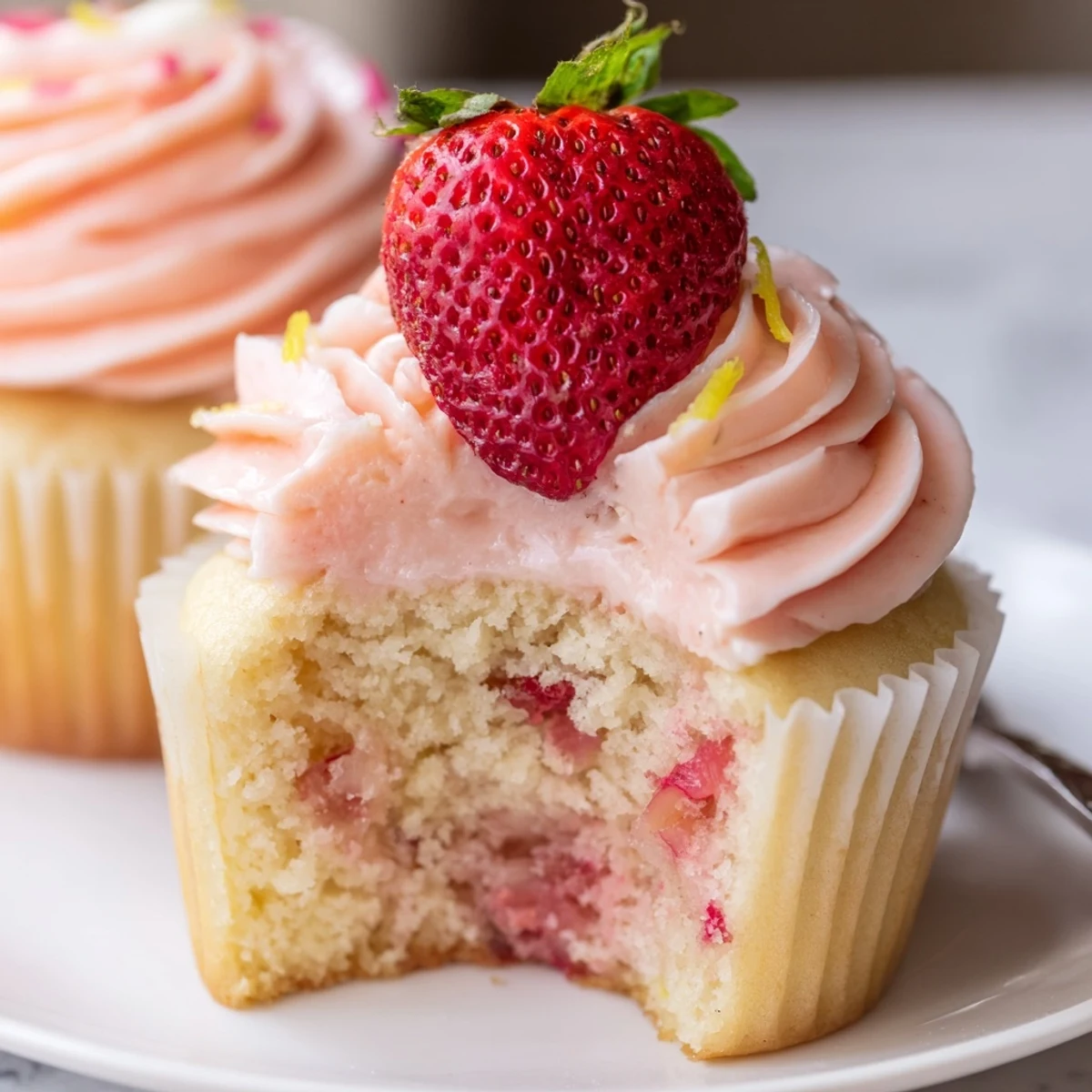 Strawberry Lemonade Cupcakes with fluffy buttercream, bright lemon zest, fresh strawberry garnish