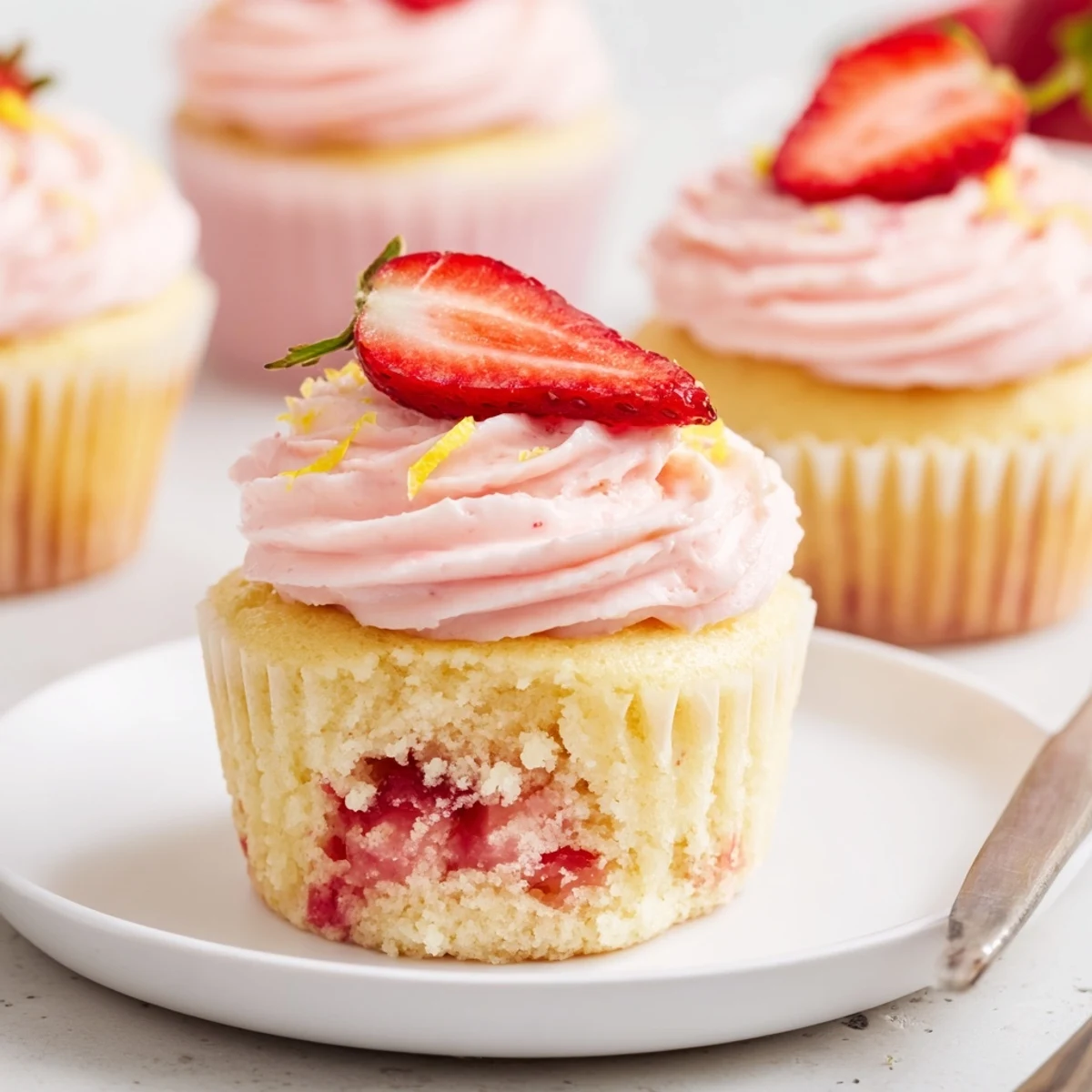 Arranged on a plate, Strawberry Lemonade Cupcakes paired with sparkling lemonade