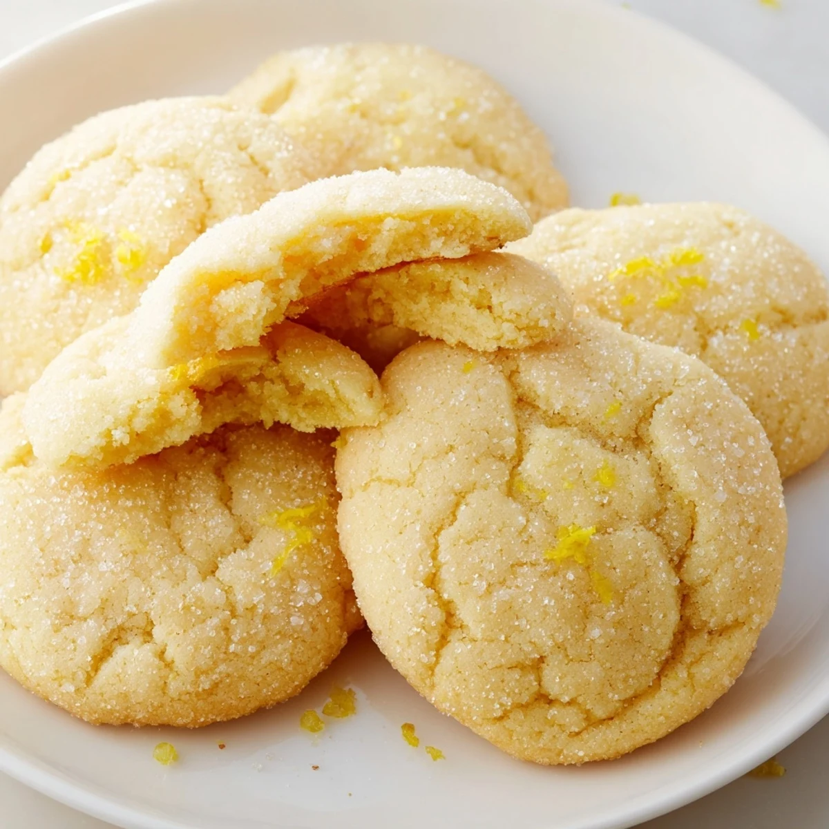 Plate of Soft Chewy Lemon Cookies stacked with visible zesty lemon zest