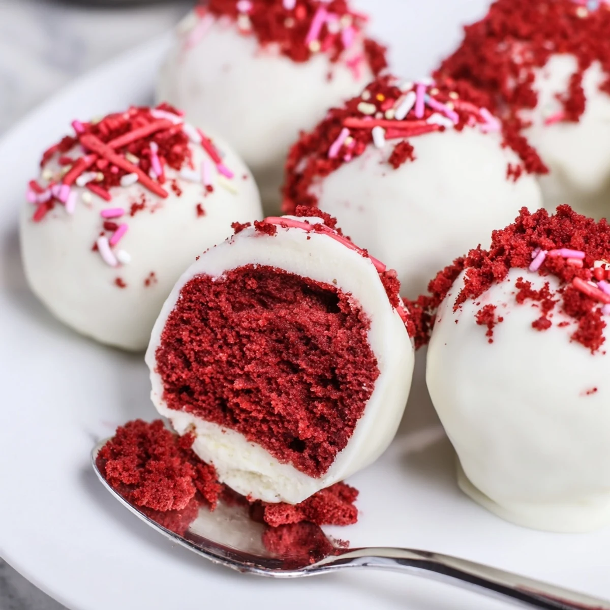 Red Velvet Cheesecake Balls on parchment, glossy chocolate shell and tangy cream center