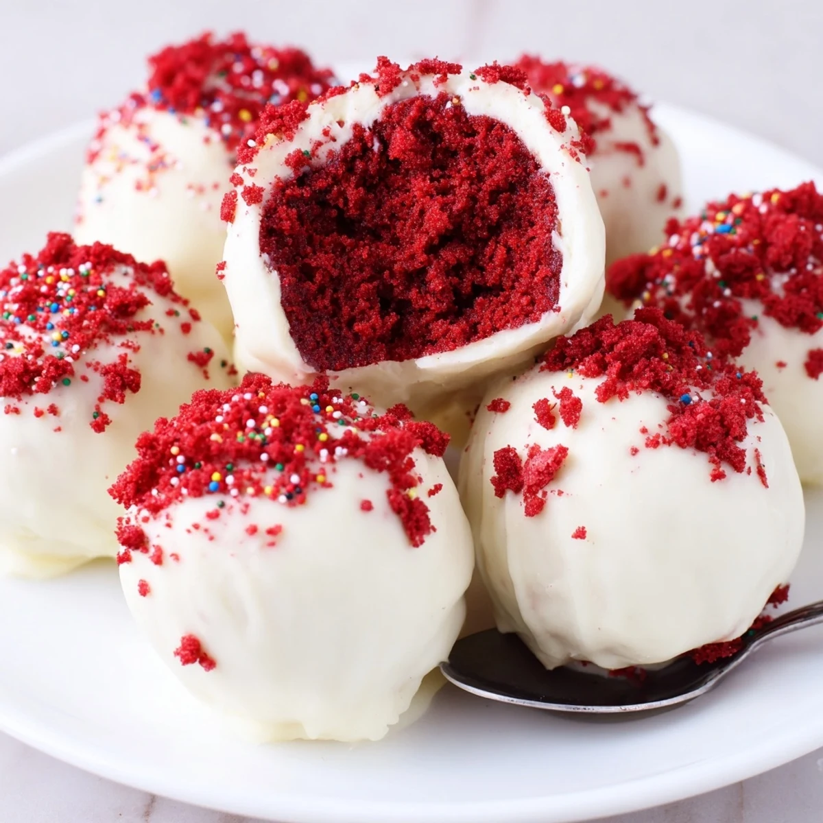 Chilled Red Velvet Cheesecake Balls dusted with crumbs, bite-sized indulgence for parties