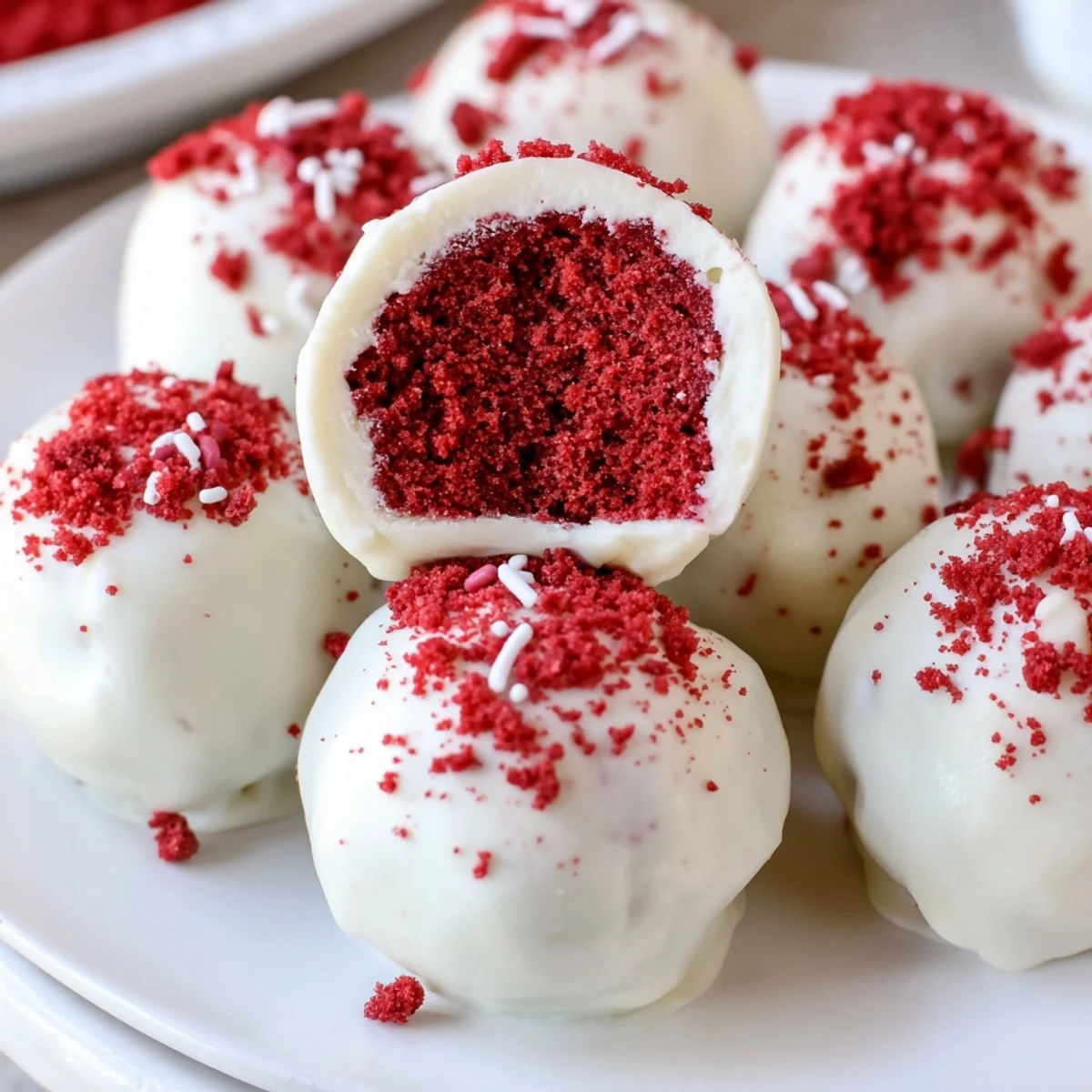 Hand-rolled Red Velvet Cheesecake Balls dipped in white chocolate, sprinkled red crumbs