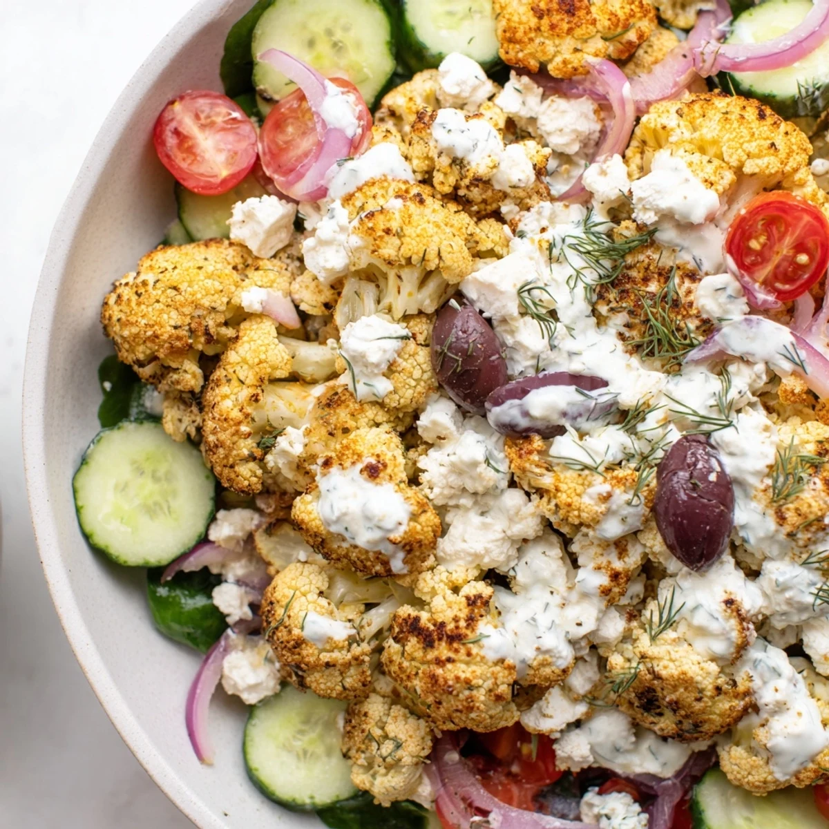 Golden roasted Greek Cauliflower Bowl topped with tangy feta and fresh vegetables